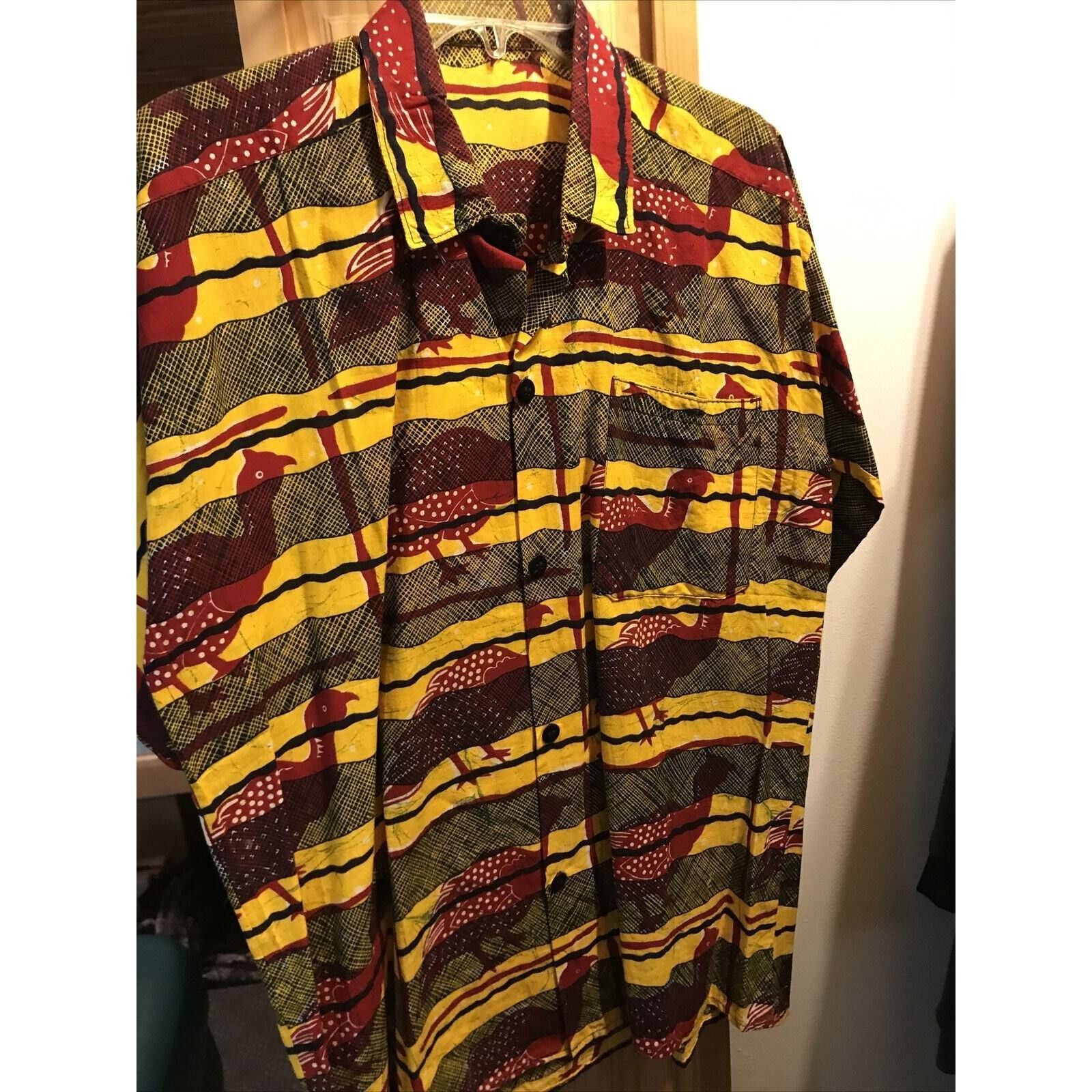 Other Vintage Mens L Yellow Striped Red Bird Print SS Button Shirt Size US L / EU 52-54 / 3 - 12 Thumbnail