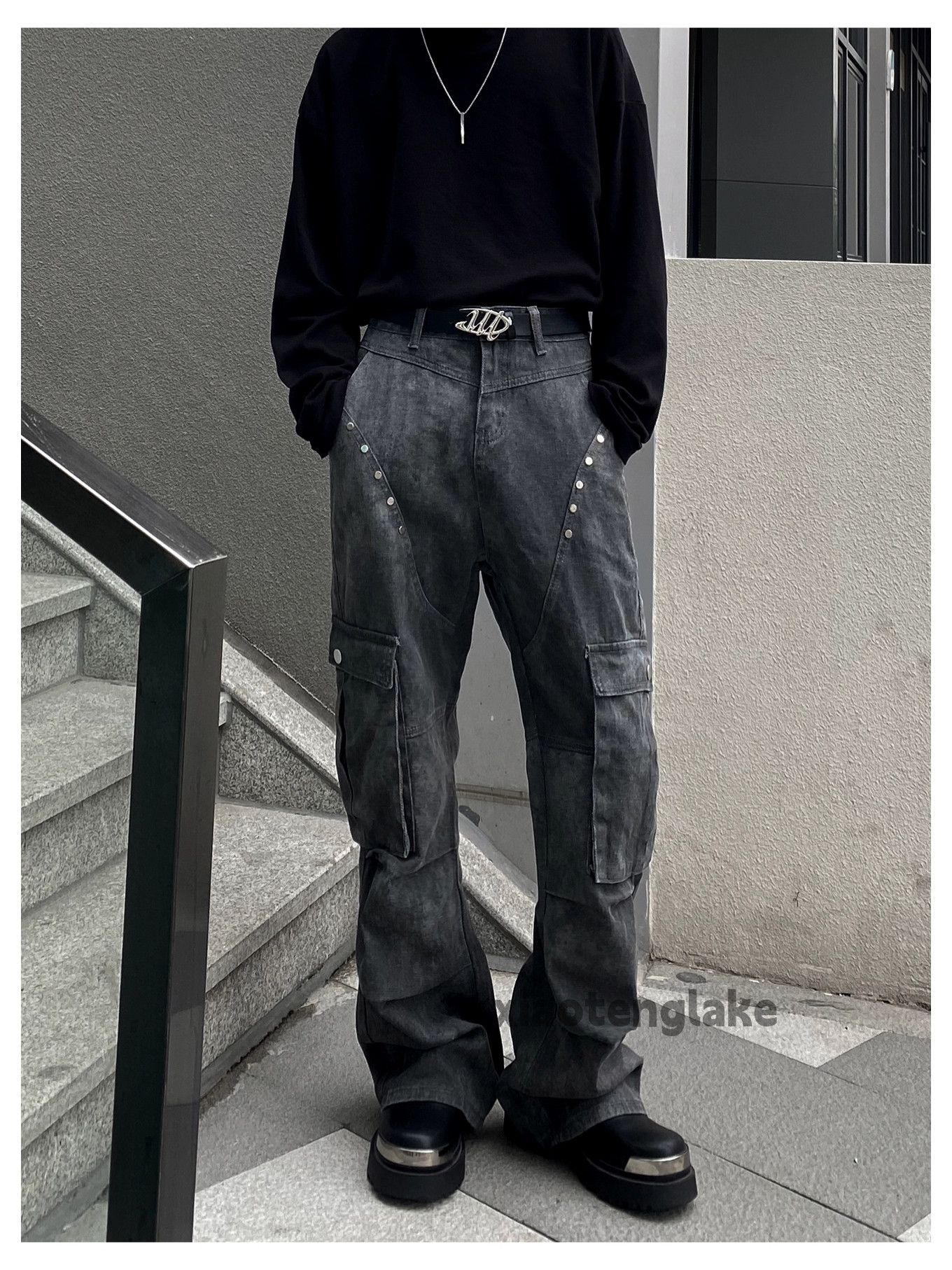 Jean × Vintage washed faded patchwork punk grunge flared cargo pants Size US 32 / EU 48 - 4 Thumbnail