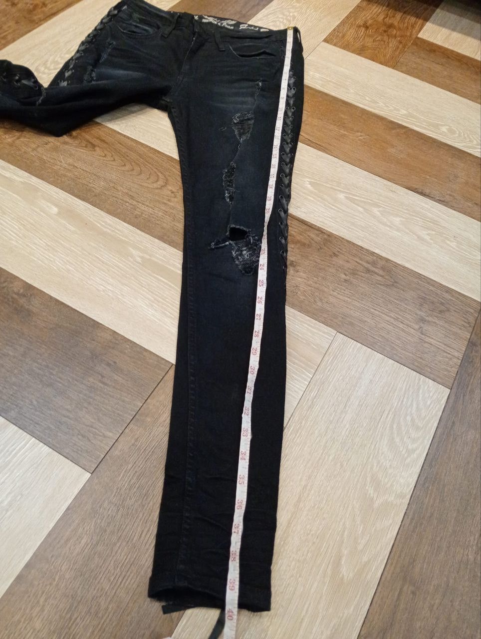 Robins Jeans ROBIN'S JEAN BLACK RIPPED FINISH LACE UP STRETCH SKINNY PANT Size 28" / US 6 / IT 42 - 20 Thumbnail
