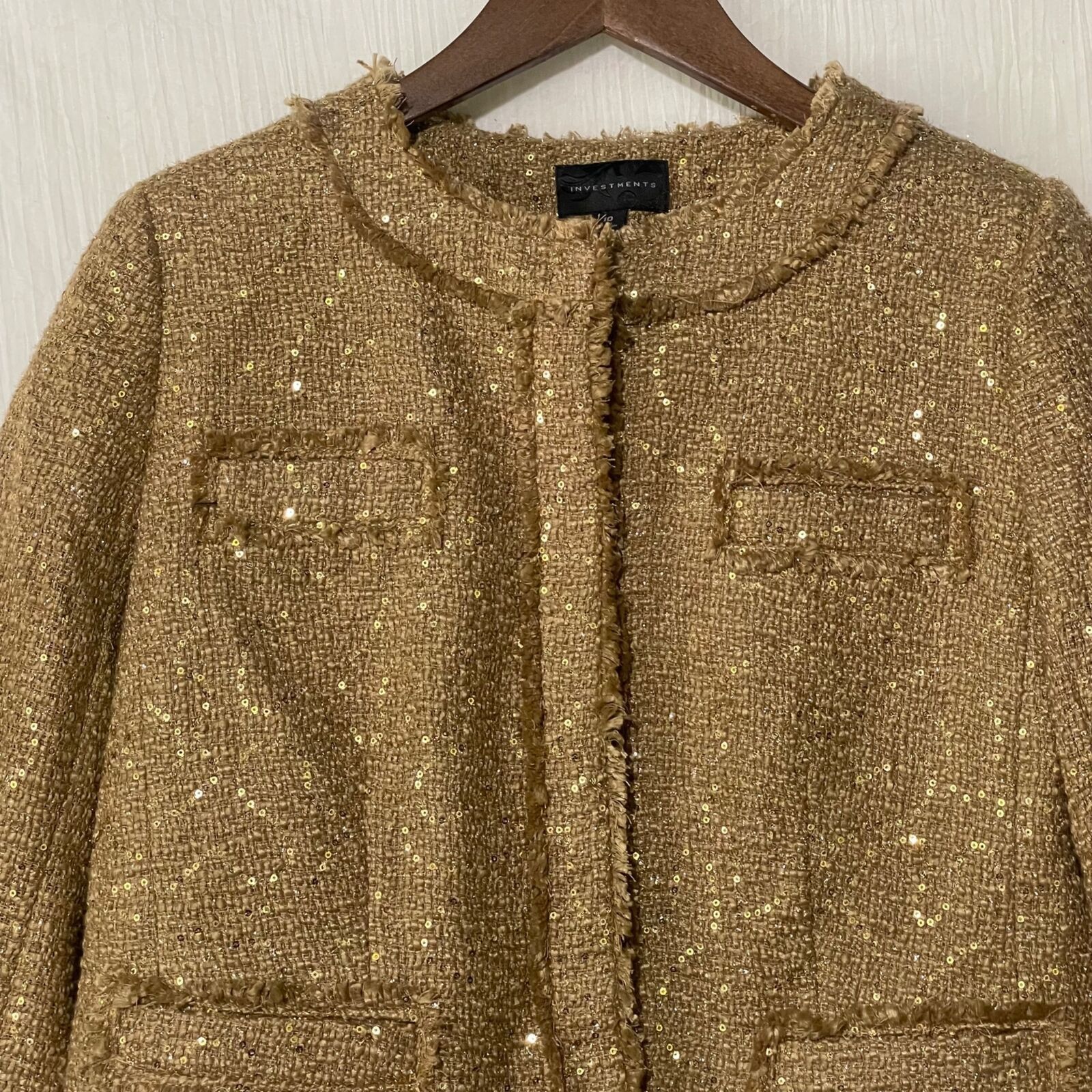 Other Investments Gold Sequin Blazer Jacket Fringe Trim New 10 Size L / US 10 / IT 46 - 3 Thumbnail