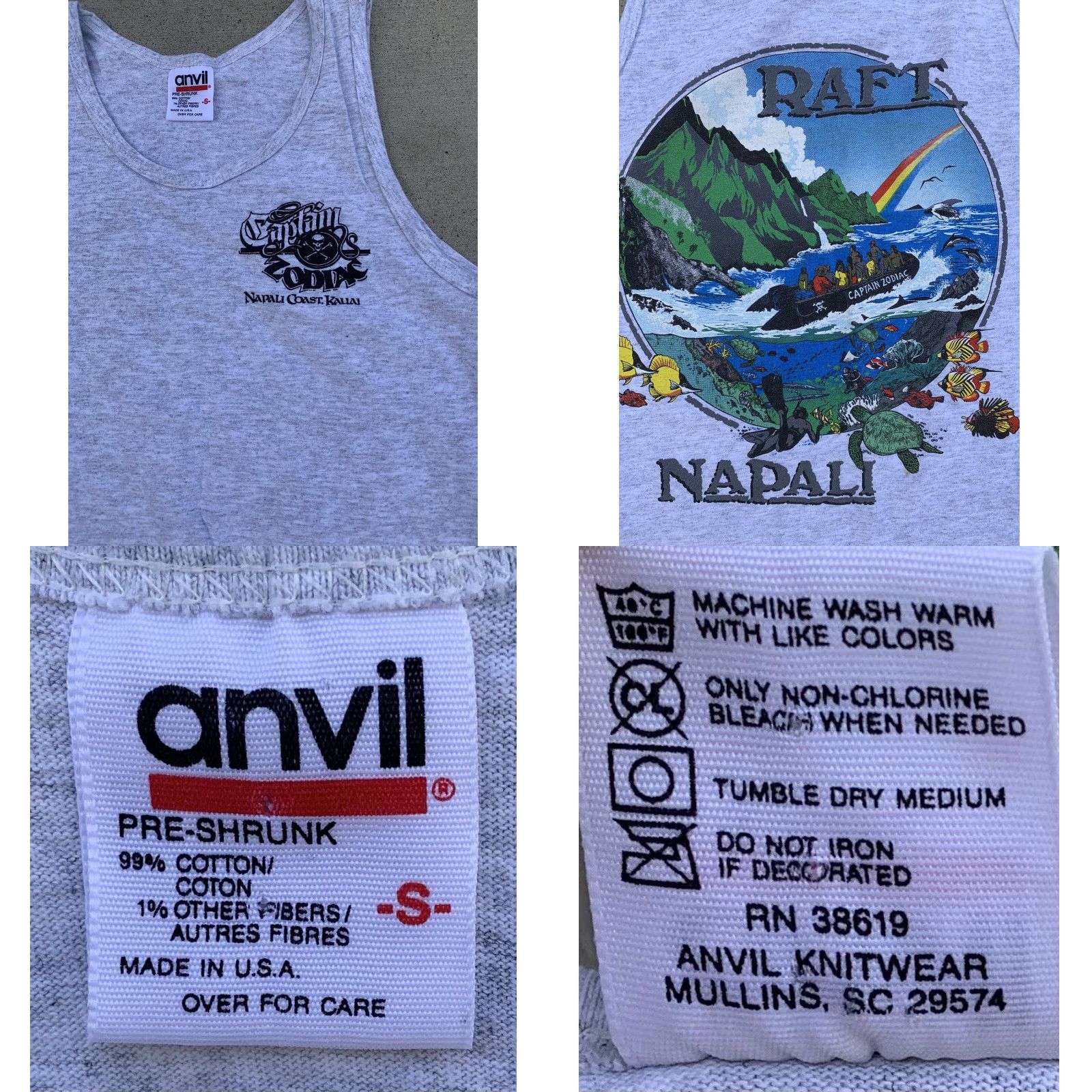 Anvil VINTAGE Anvil Captain Zodiak Napali Coast Kauai Raft Kauai Tank Top Unisex S Gray Cotton Blend Preshrunk Graphic Print T-Shirt USA Made Size US S / EU 44-46 / 1 - 10 Thumbnail