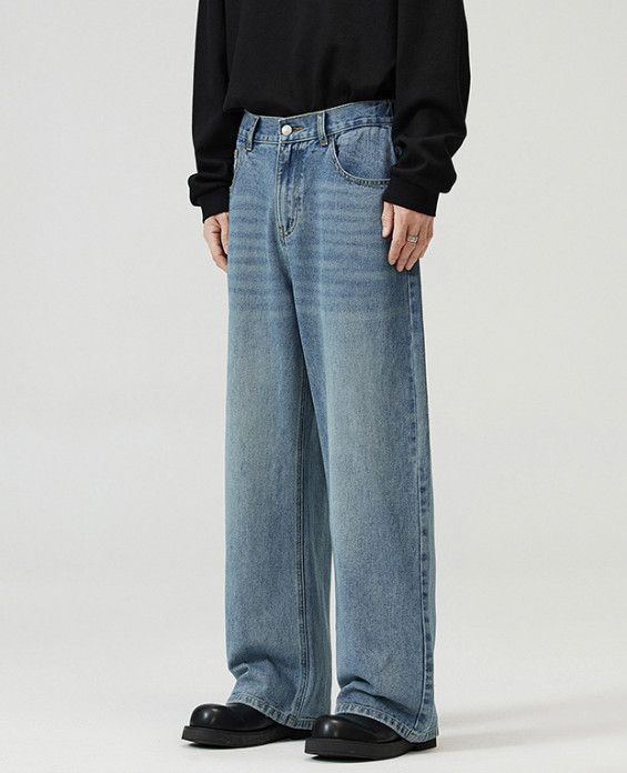 Japanese Brand Men's loose straight leg vintage washed distressed jeans Size US 32 / EU 48 - 3 Thumbnail