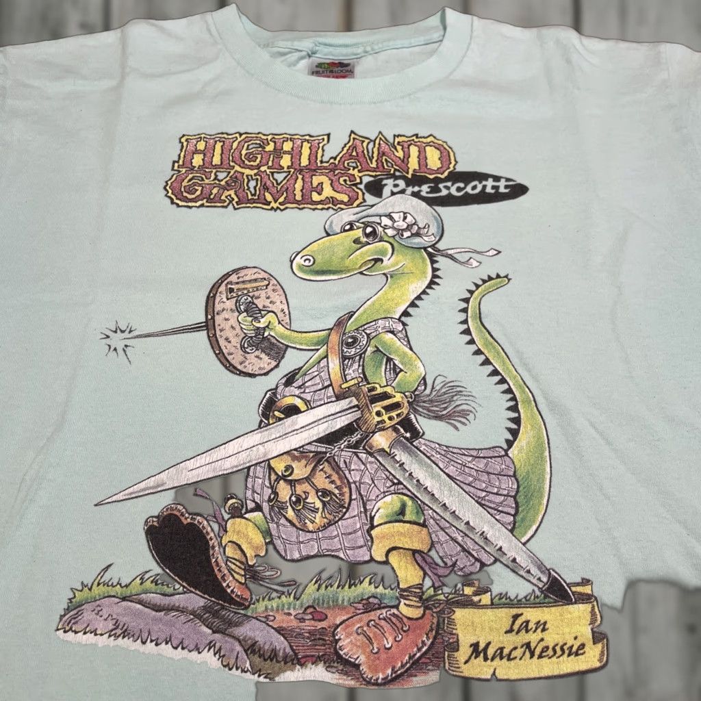 Fruit Of The Loom VINTAGE Prescott Highland Games T Shirt Men L Arizona Graphic Renaissance Dinosaur Teal Men Size US L / EU 52-54 / 3 - 1 Thumbnail