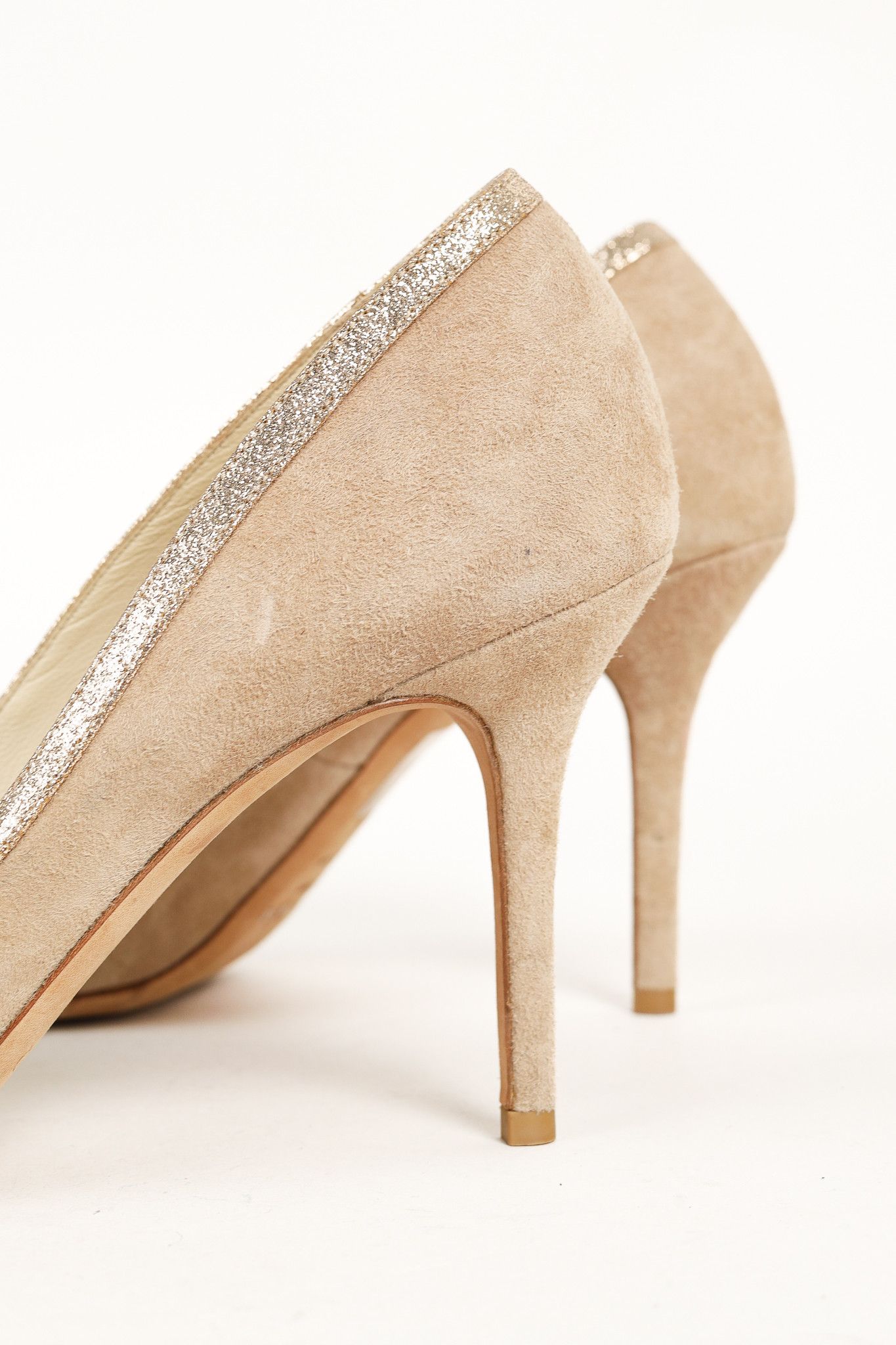 Jimmy Choo Jimmy Choo Beige Suede Glitter-Trimmer Peep Toe Pumps Size US 9.5 / IT 39.5 - 8 Thumbnail