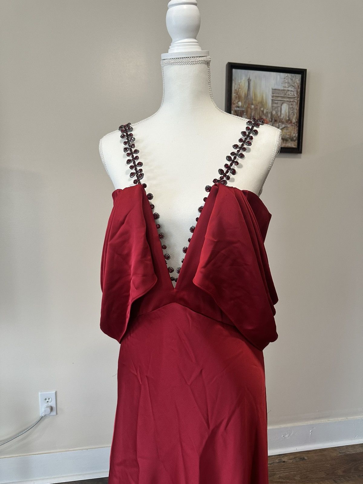 Other Ozgur Masur Elegant Red Plunge Dress with Embellished Straps Size L / US 10 / IT 46 - 5 Thumbnail