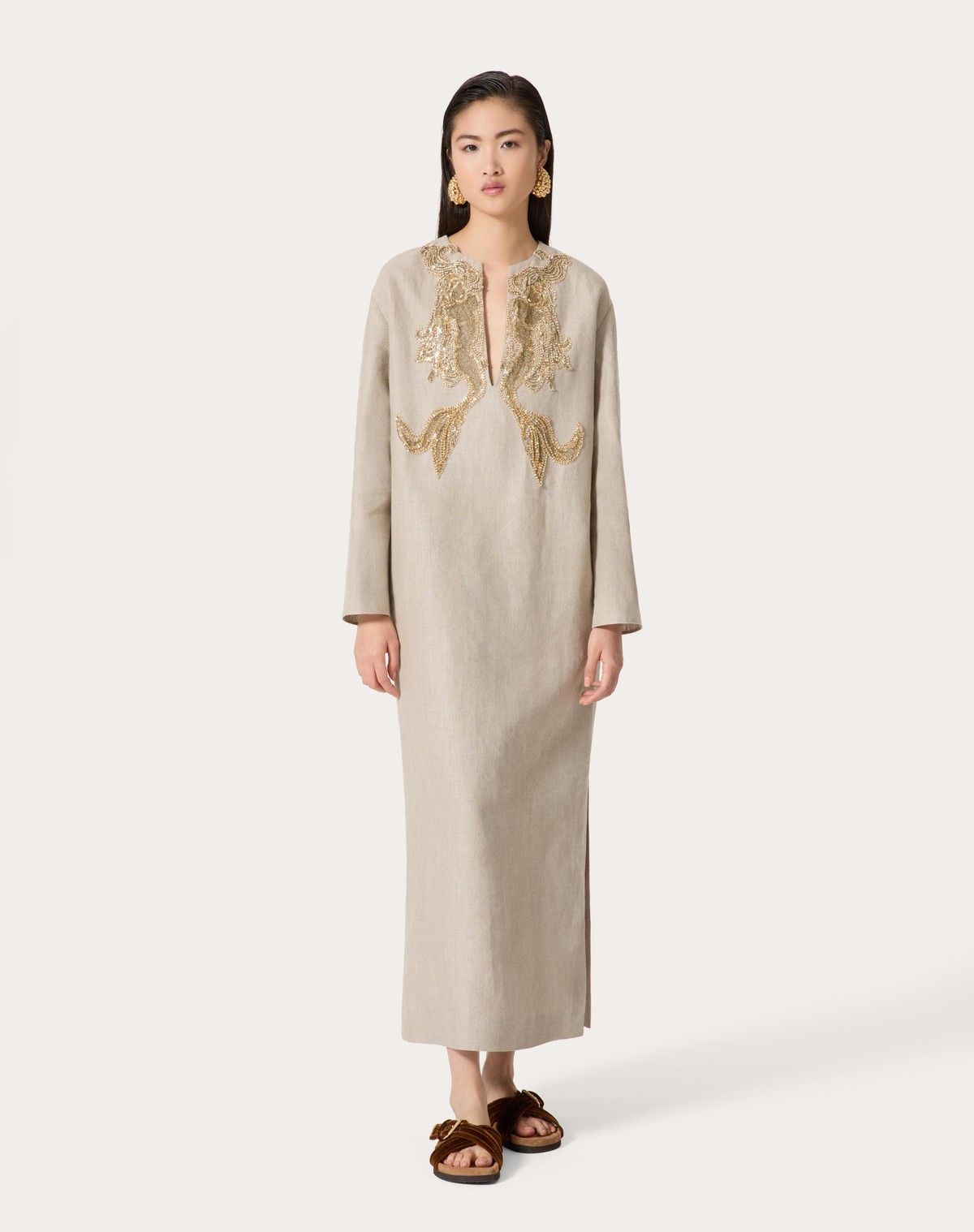 Valentino o1s1wg110525 Embroidered Linen Canvas Midi Dress in Beige Size M / US 6-8 / IT 42-44 - 4 Thumbnail
