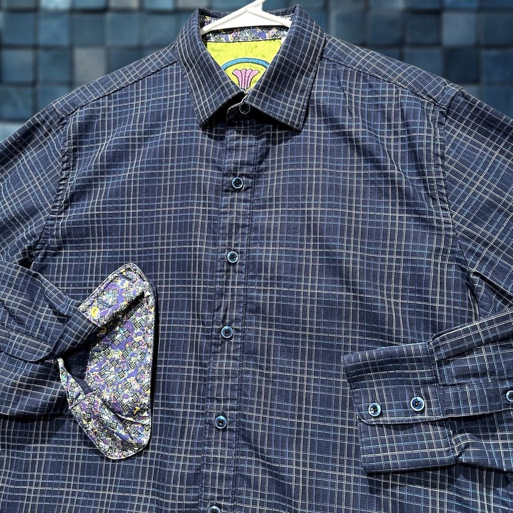 Robert Graham Robert Graham Shirt Mens Medium Blue Plaid Flip Cuff Classic Fit Contrast Trim Size US M / EU 48-50 / 2 - 1 Thumbnail