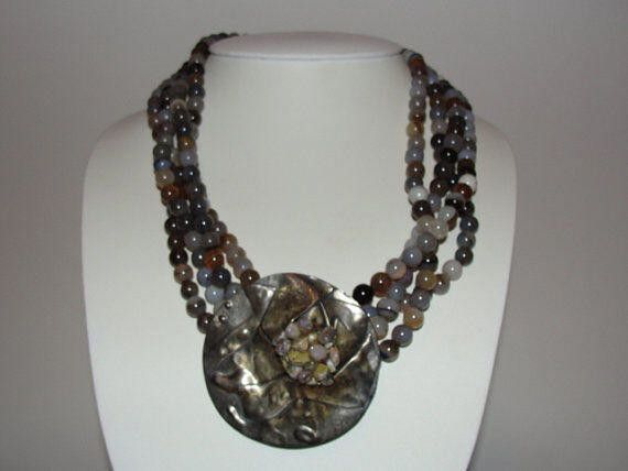 Designer Sterling Silver & Grey and White Banded Agate Bead Necklace Size ONE SIZE - 2 Thumbnail