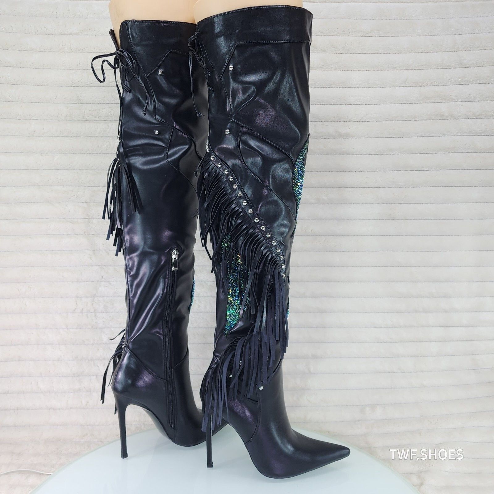 Azalea Wang Frenzy Black Fringe Rhinestone Over The Knee Thigh Boots Aza Size US 7.5 / IT 37.5 - 1 Thumbnail