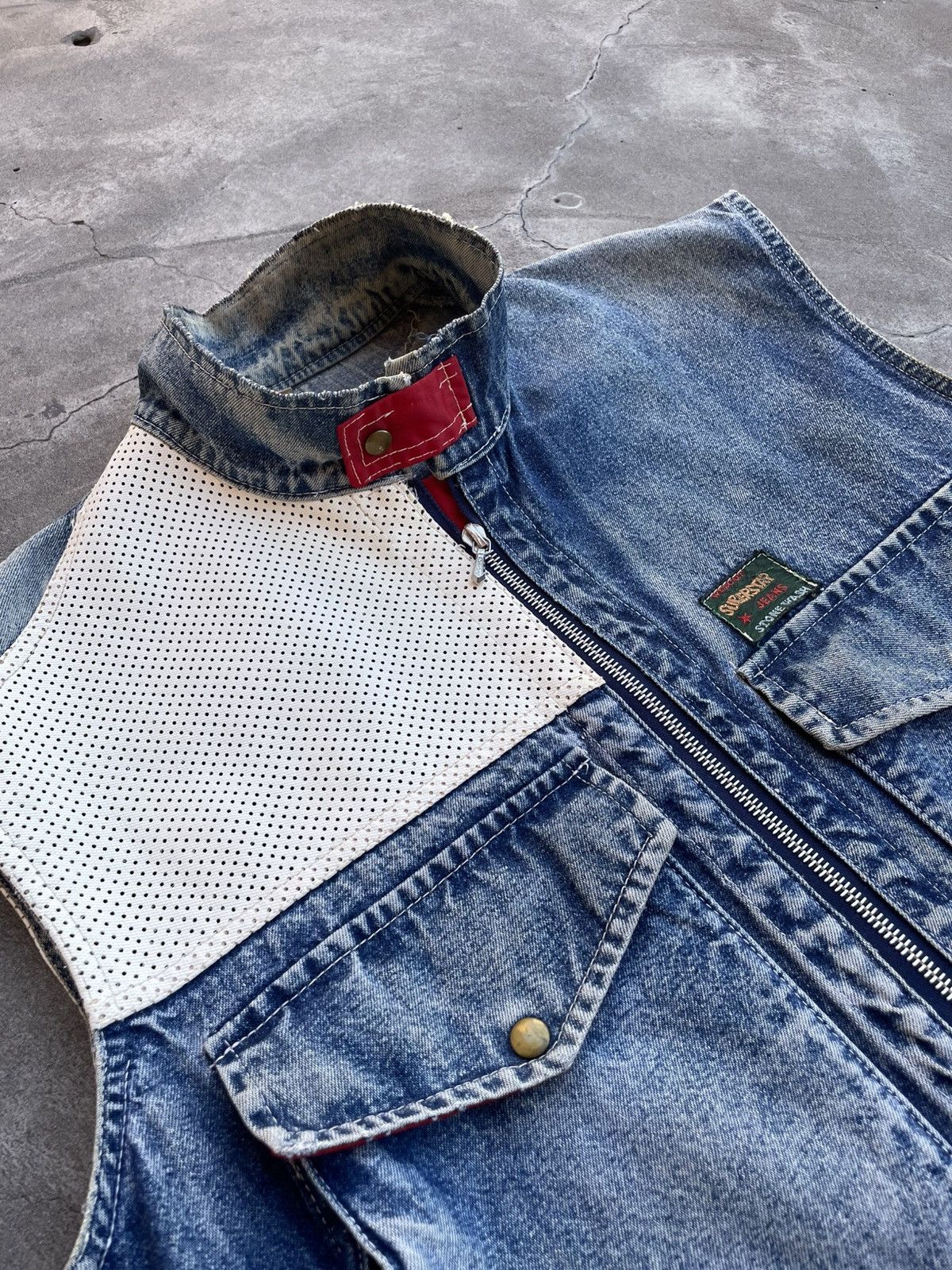 Vintage 1970s Leather Vest On Riri Zipper, Stonewashed Denim- Wescot Size US L / EU 52-54 / 3 - 4 Thumbnail