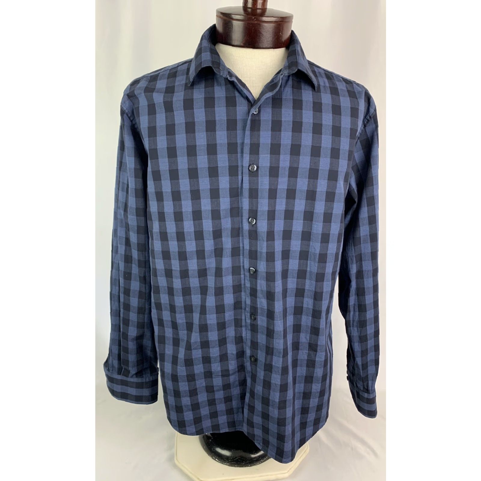 Alfani VINTAGE Large Alfani Slim Fit Stretch Long Sleeve Button Up Blue Plaid Check Dress Shirt Size 42R - 6 Thumbnail