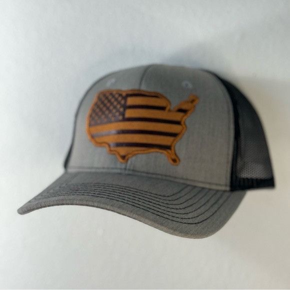 Designer NEW USA FAUX LEATHER PATCH HEATHER GRAY/BLACK TRUCKER MESH C Size ONE SIZE - 3 Thumbnail