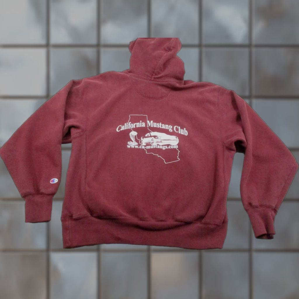 Champion VINTAGE Champion Mustang Club Hoodie Mens L Maroon California Cars Logo Graphic Pullover Hooded Pockets Knit Sweatshirt Regular Fit Size US L / EU 52-54 / 3 - 1 Thumbnail
