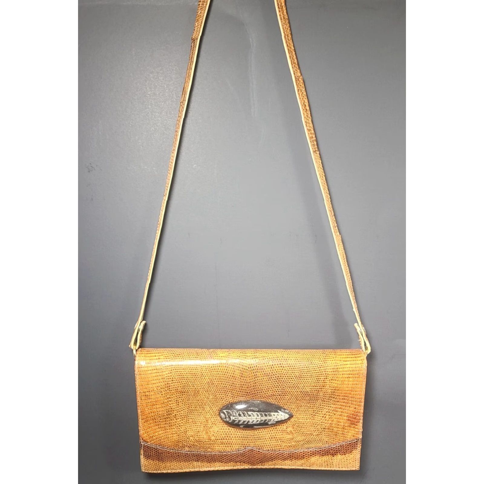 Fossil VTG Dark Tan Brown Women Lizard Leather Bag With Fossil Decoration Purse Shoulder Bag Size ONE SIZE - 2 Thumbnail