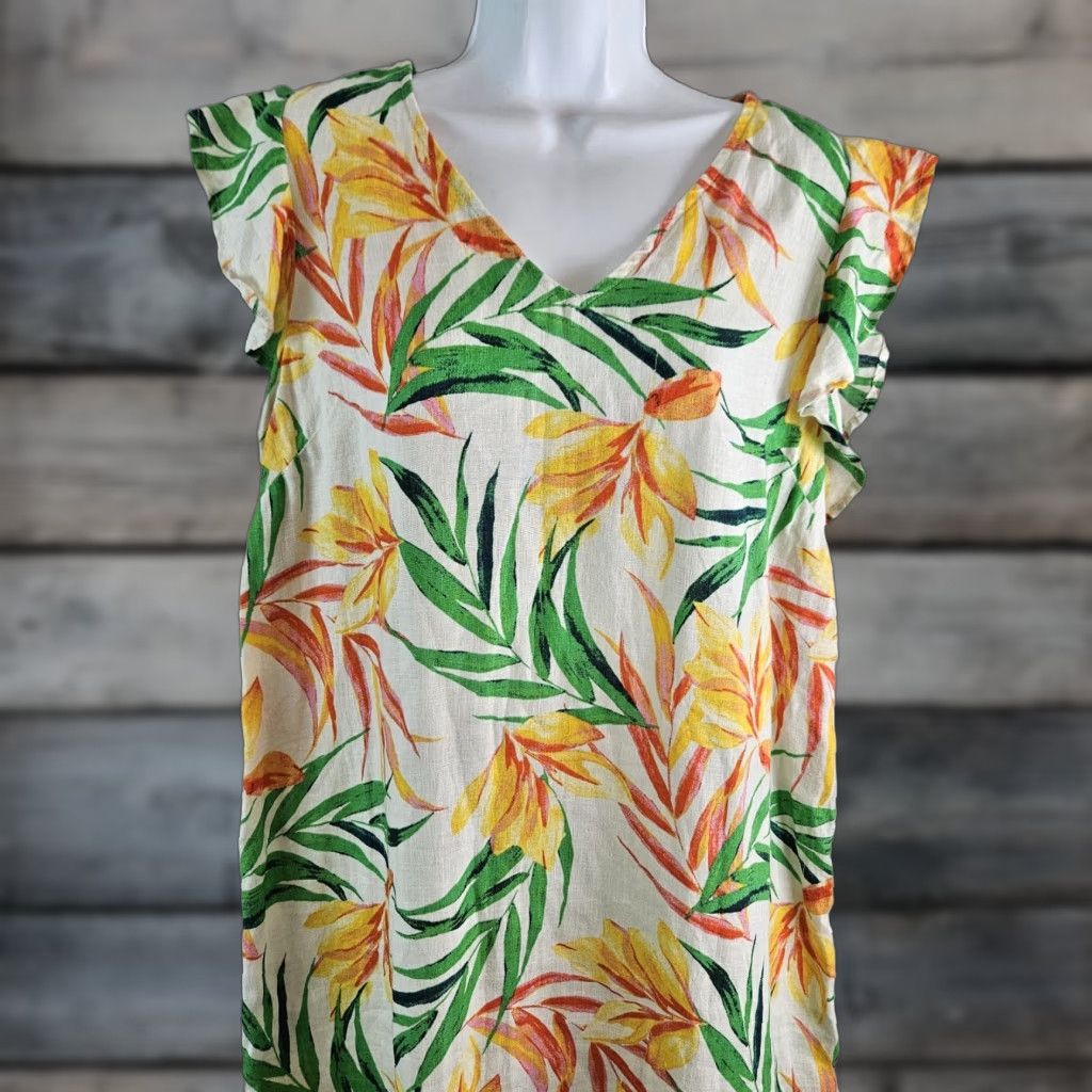 Nicole Miller Nicole Miller Womens Linen Dress Sz Medium Green Yellow Leaf Print V-Neck Dress Size M / US 6-8 / IT 42-44 - 1 Thumbnail