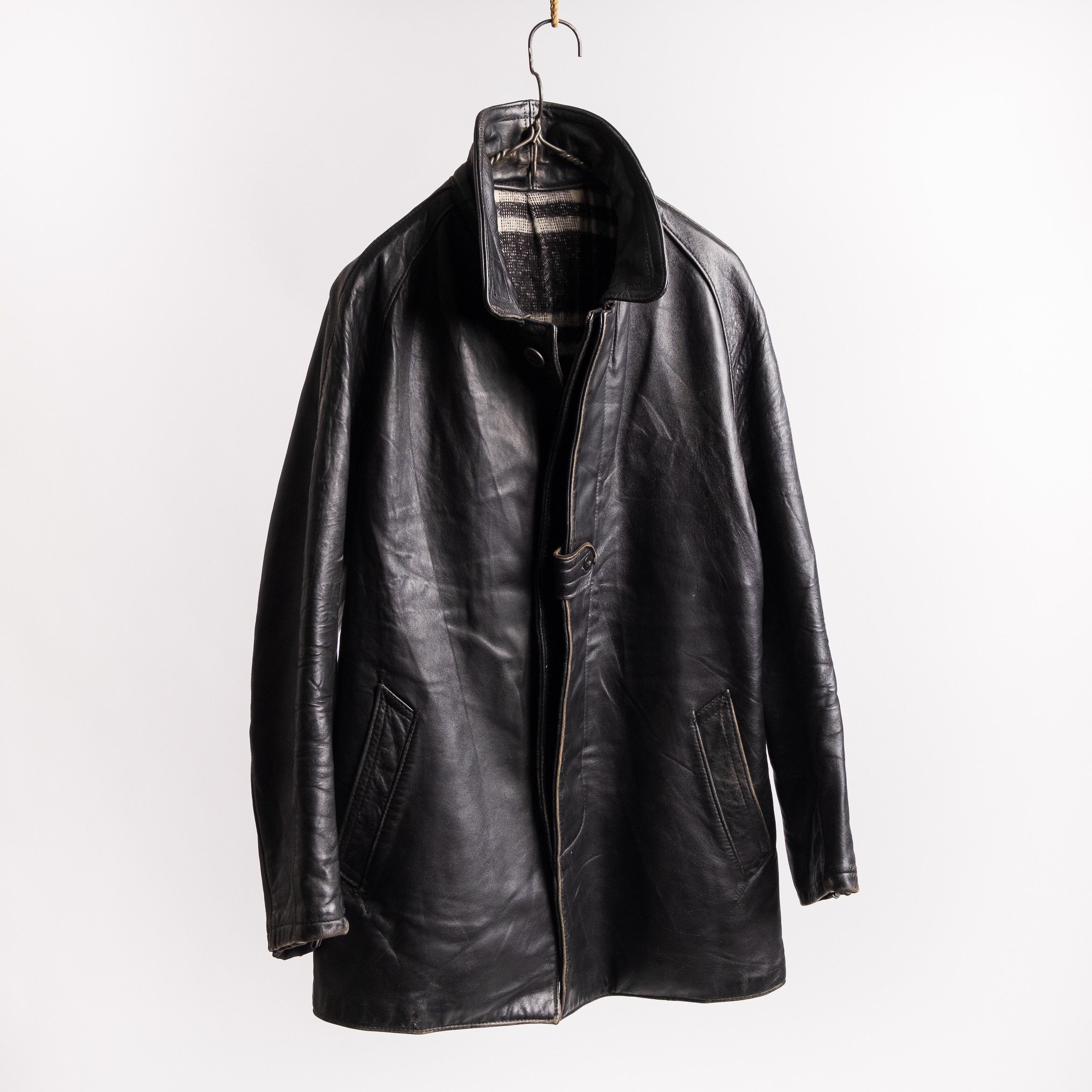 image of Vintage 60S French Black Leather Workers Jacket Size Medium, Men's