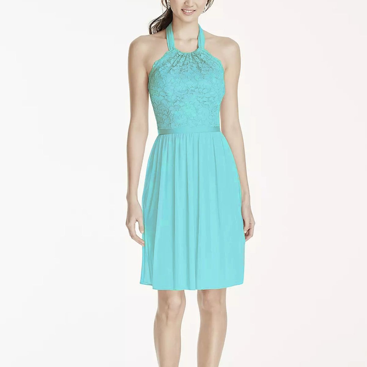 Other David's Bridal Aqua Short Lace Mesh Dress Halter Neckline Size M / US 6-8 / IT 42-44 - 1 Thumbnail