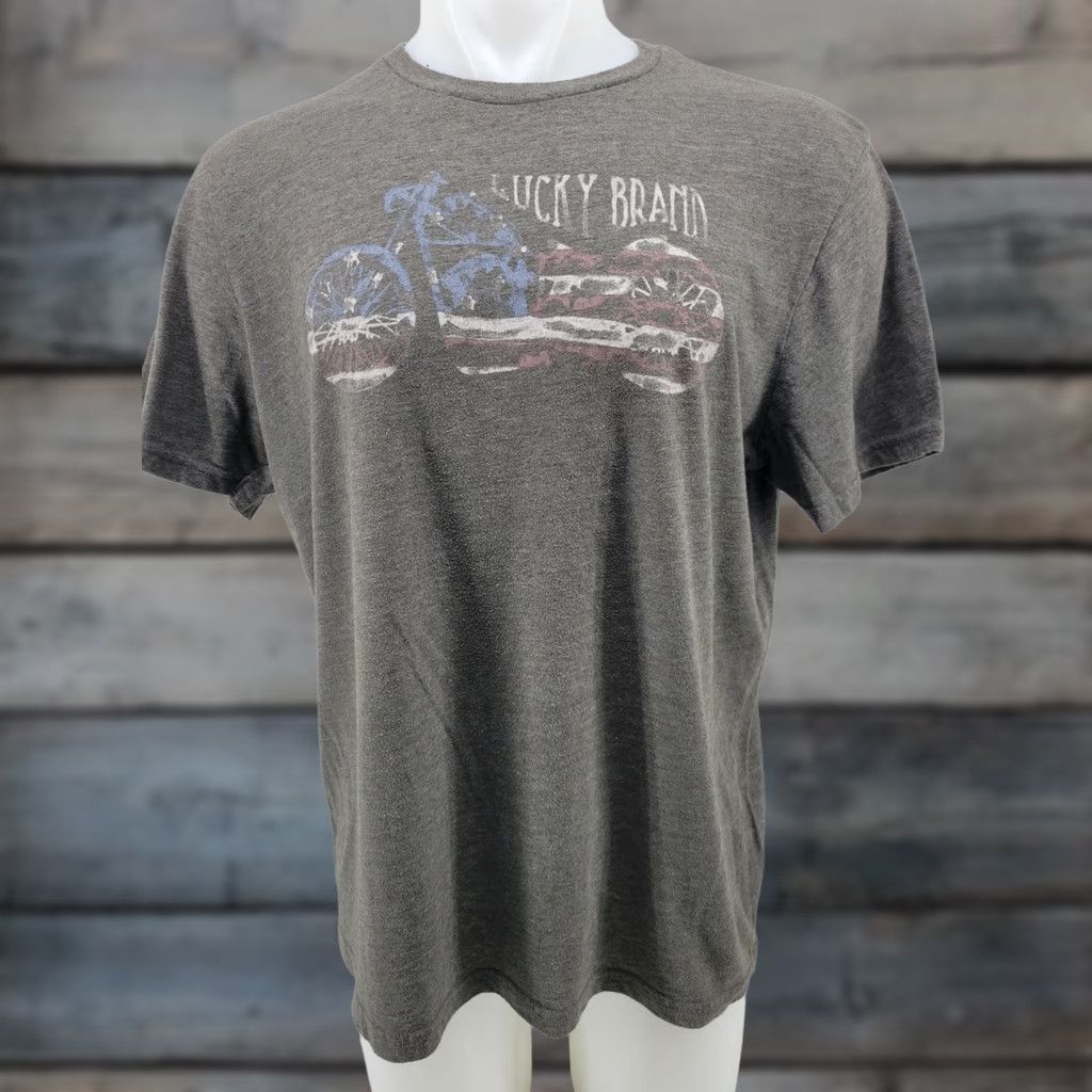 Lucky Brand Lucky Brand Mens XL Gray American Flag Motorcyle Graphic T-Shirt Tee Shirt Graphic Tee Casual Mens Size US XL / EU 56 / 4 - 1 Thumbnail