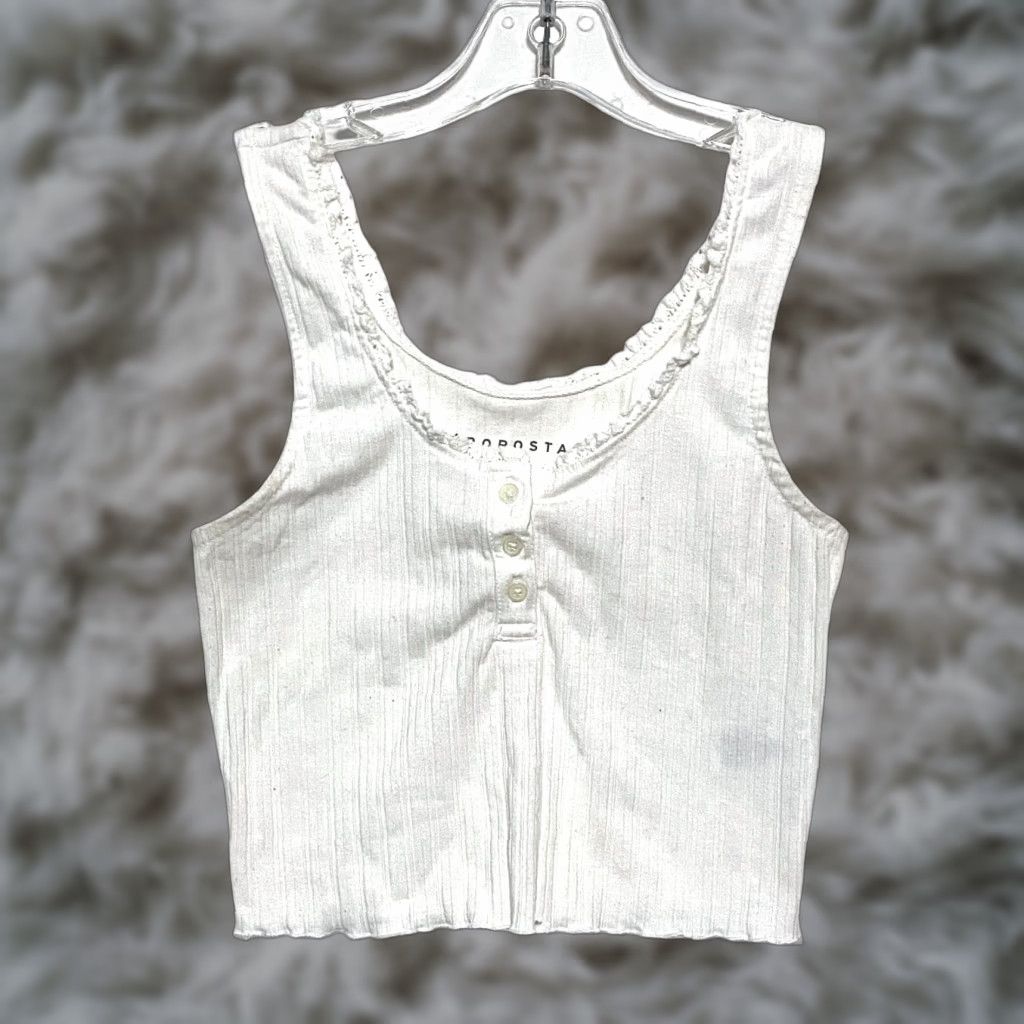 Aeropostale VINTAGE Aeropostale White Cropped Tank Top XS Henley Ribbed Ruffles Y2K Dainty Festival Size XS / US 0-2 / IT 36-38 - 1 Thumbnail