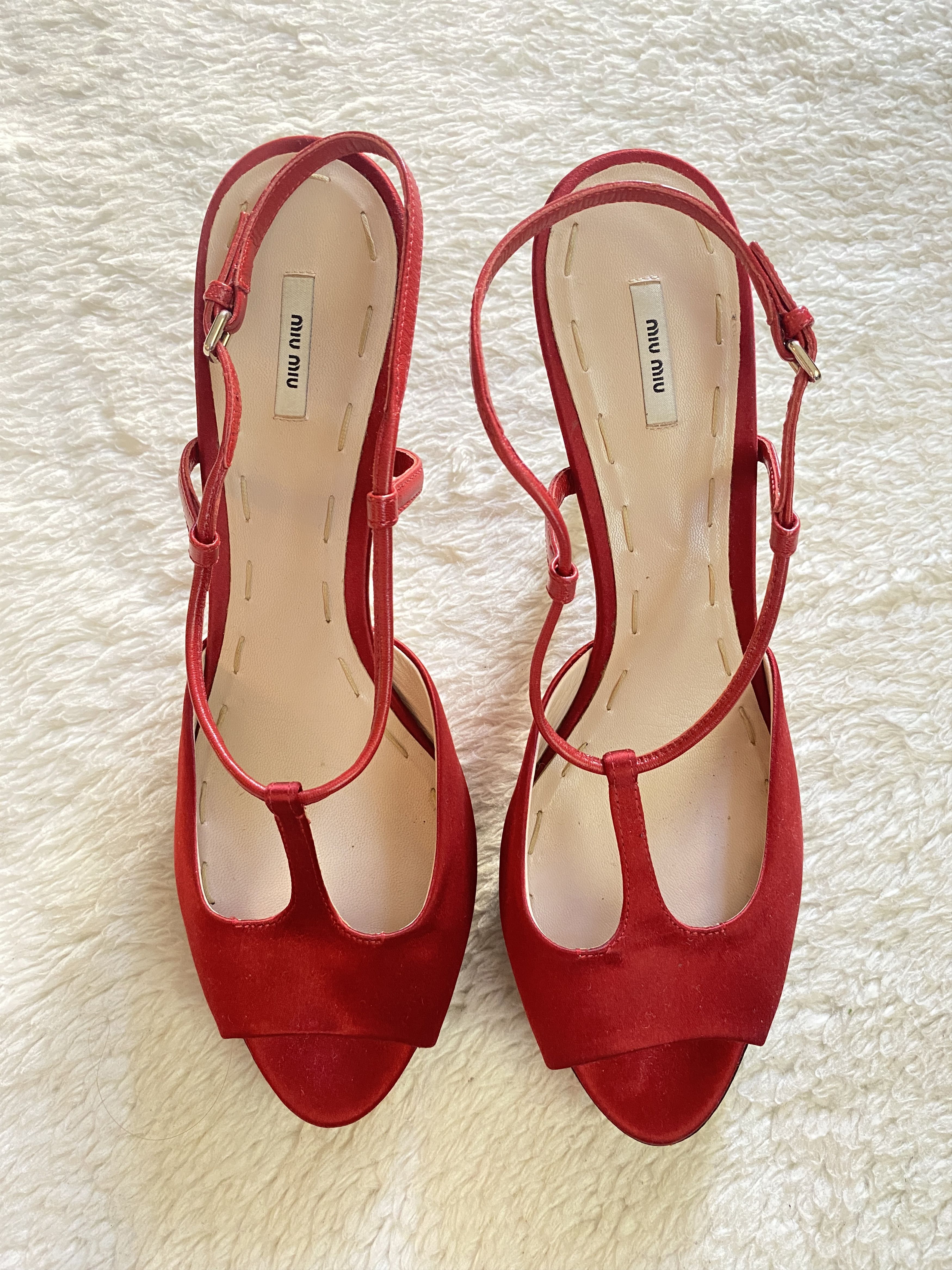 Miu Miu Miu Miu Silk Peep Toe Sandals – Red & Black Size US 10 / IT 40 - 1 Thumbnail