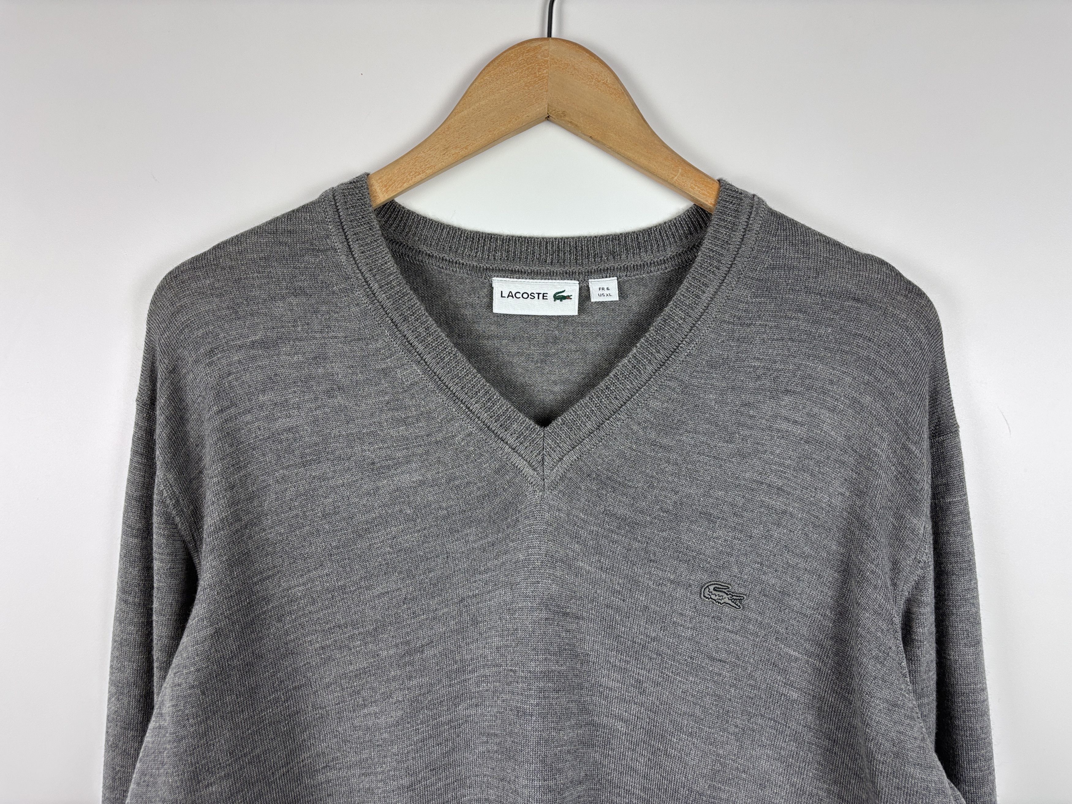 Lacoste Mens Lacoste V-Neck Sweater Wool Pullover Gray Size XL Size US XL / EU 56 / 4 - 2 Thumbnail