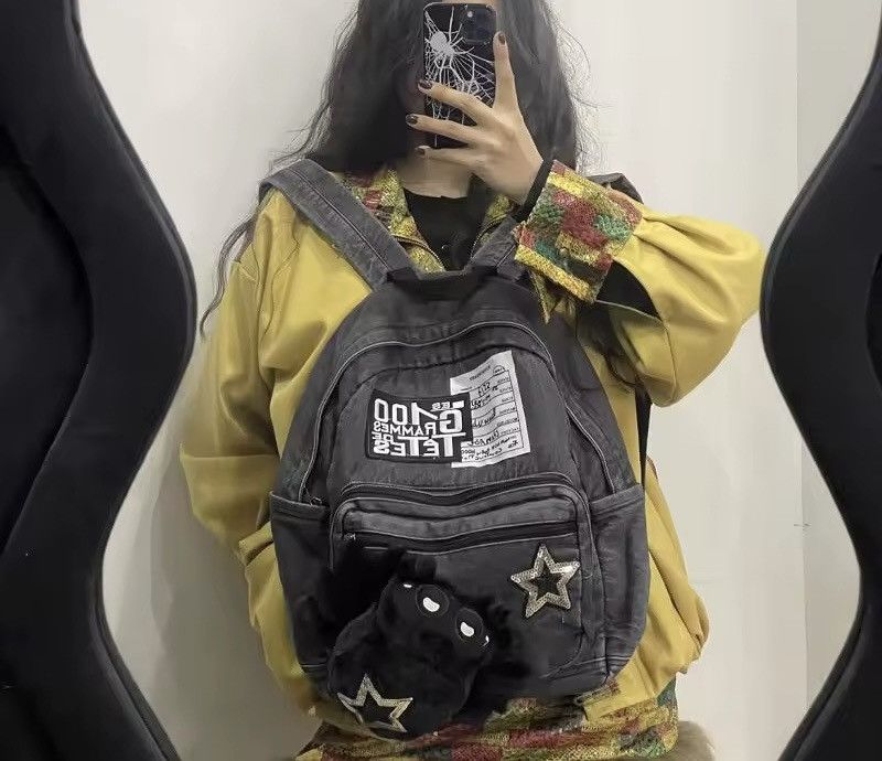 Japanese Brand Cartoon Washed Punk Goth Capacity Canvas School Backpack Bag Size ONE SIZE - 8 Thumbnail