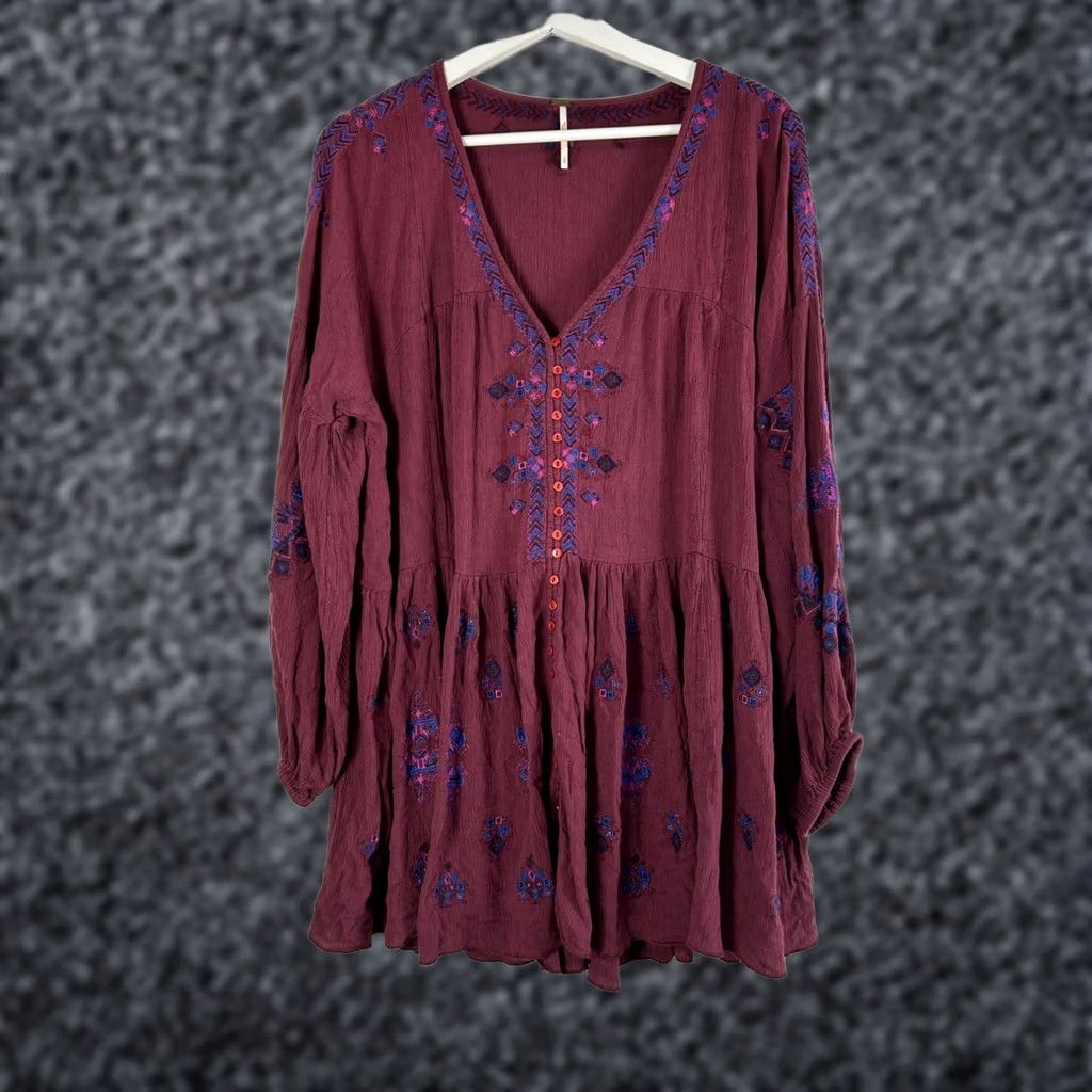 Free People FREE PEOPLE Womens Arianna Embroidered Tunic Dress L Red Long Sleeve Boho Shirt Dress Womens Size L / US 10 / IT 46 - 1 Thumbnail