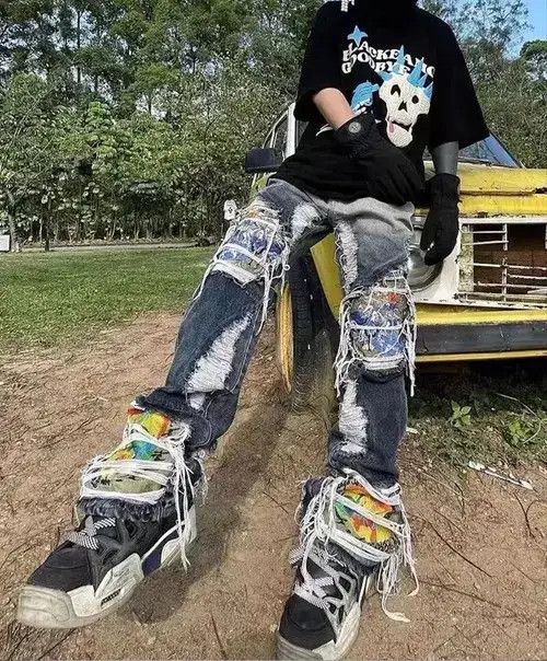 Jean Destruction Brushed Washed Loose Straight Leg Ripped Jeans Size US 29 - 4 Thumbnail