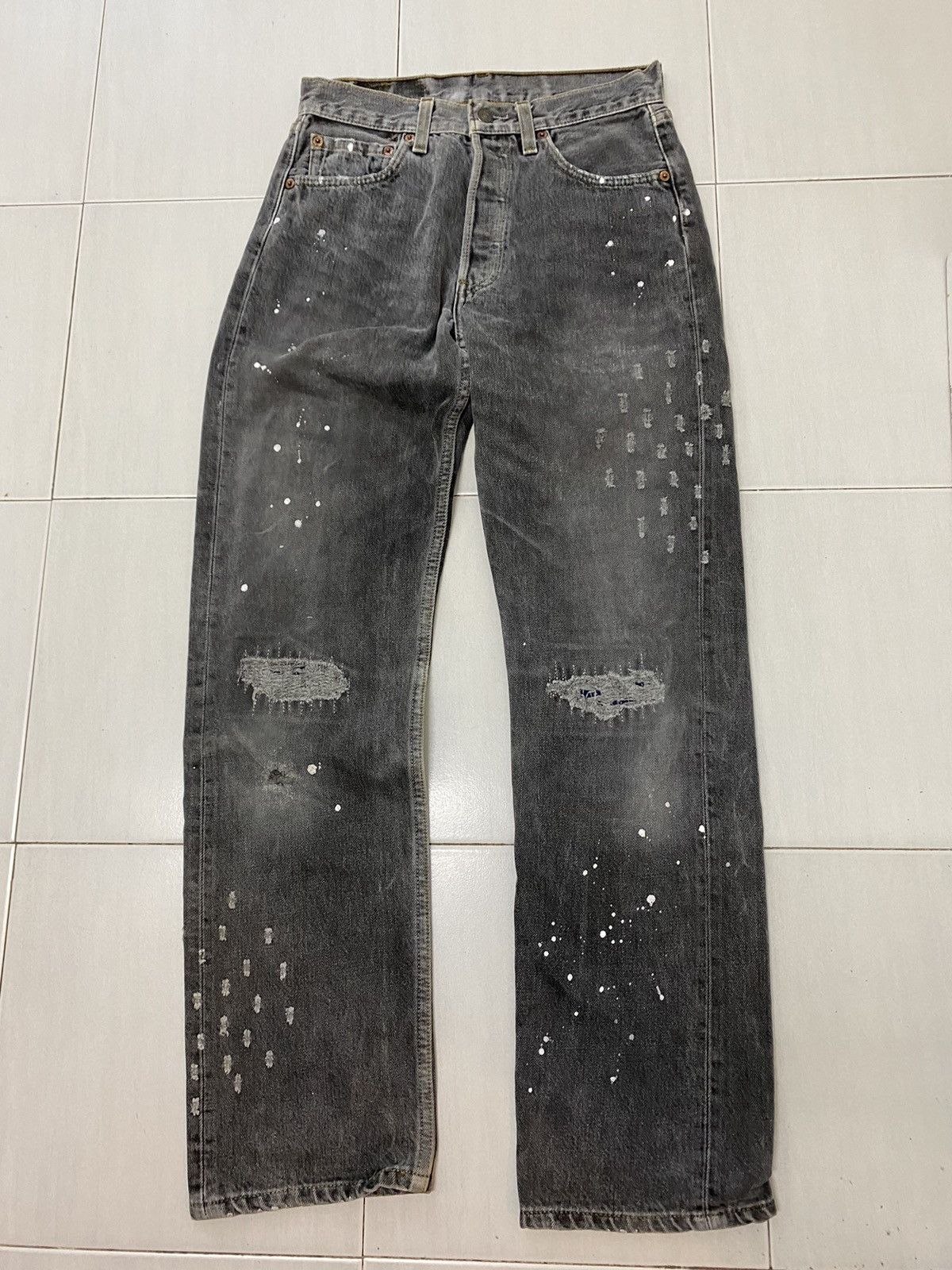 image of Distressed Denim x Levis Vintage 90's Levis 501 Distressed Jeans Paint Design in Black (Size 28)