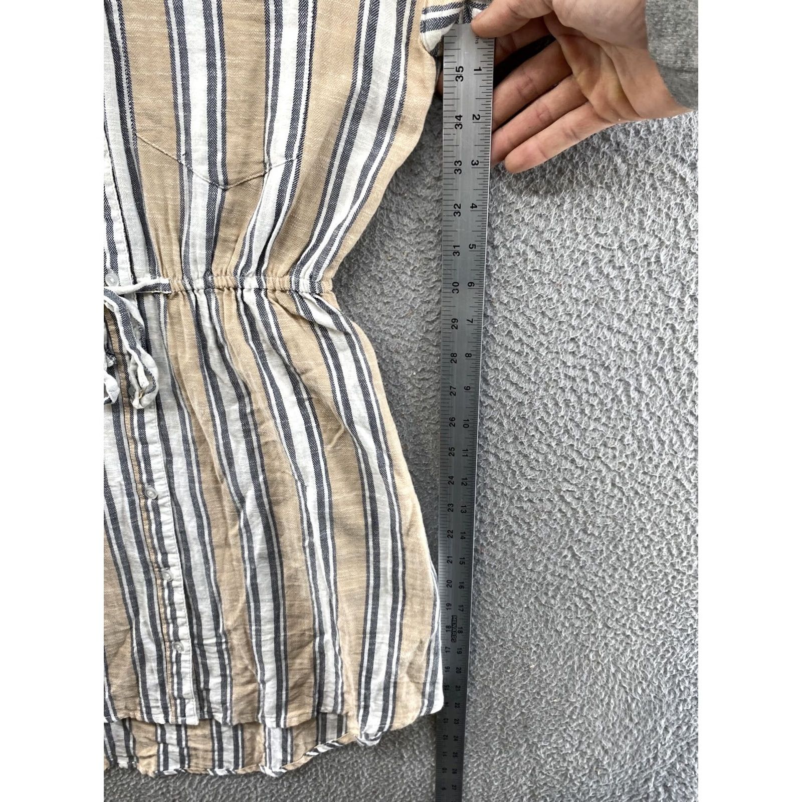Vintage Japna Women’s Button Down Tie Waist Pockets Stripe Dress S Beige Cap Sleeve Hi-Low Size S / US 4 / IT 40 - 7 Thumbnail