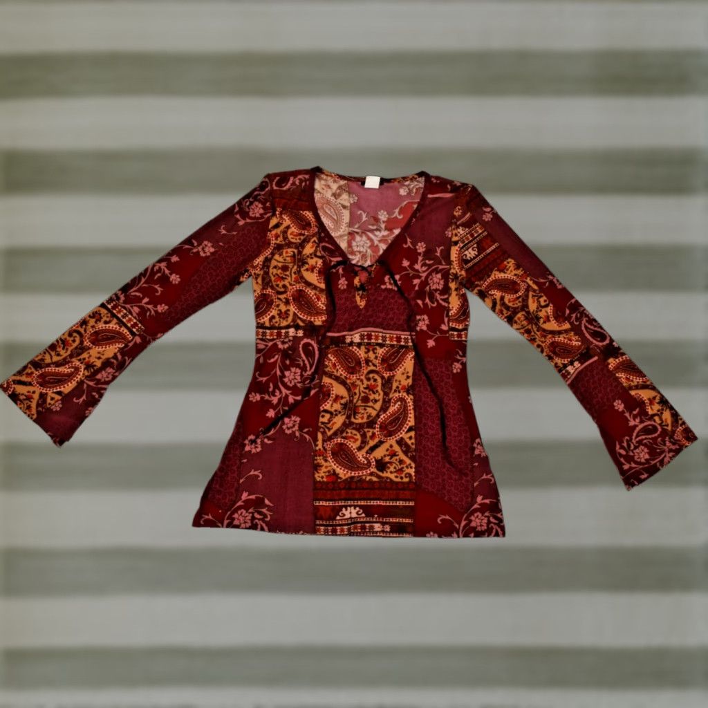 VINTAGE Vixen Shirt M 90s Burgundy Bohemian Lace Up Paisley Tunic Made USA