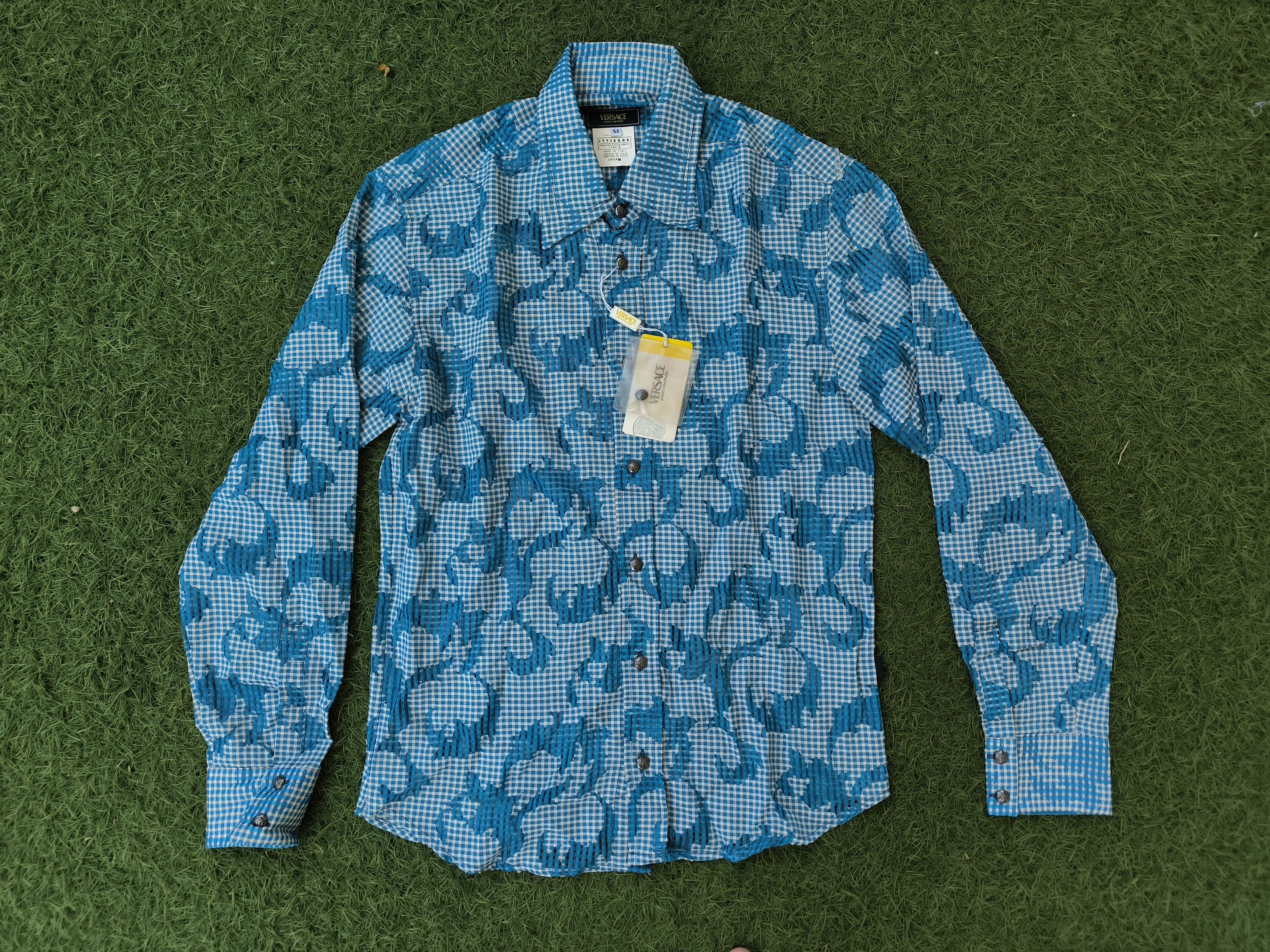 Versace Jeans Couture NOS Vintage Versace Jeans Couture Mesh Gingham Medusa Shirt Size US M / EU 48-50 / 2 - 1 Thumbnail