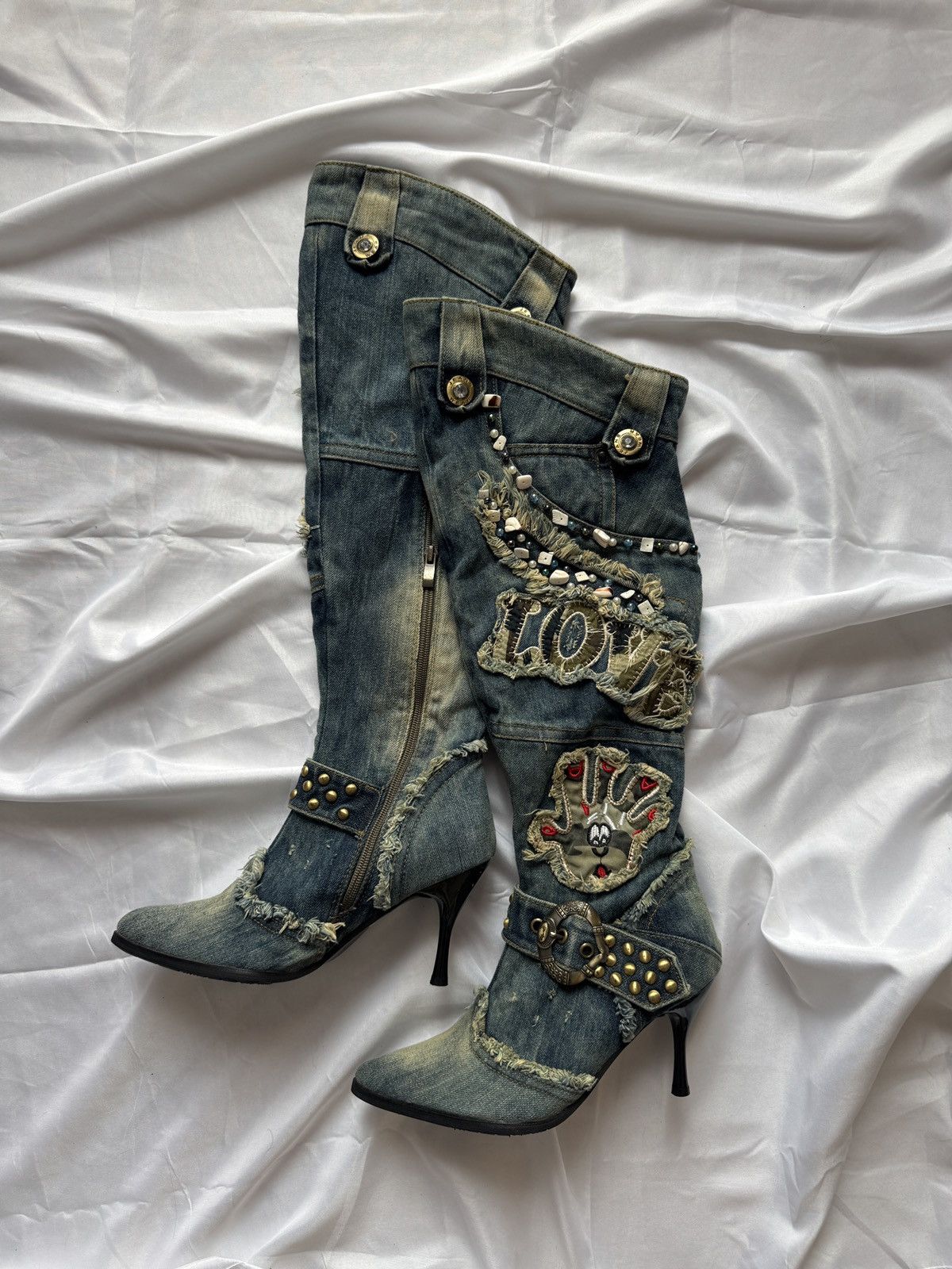 Hysteric Glamour Y2K Vintage Distressed Patchwork Knee-High Jeans Boots Size US 7 / IT 37 - 2 Thumbnail