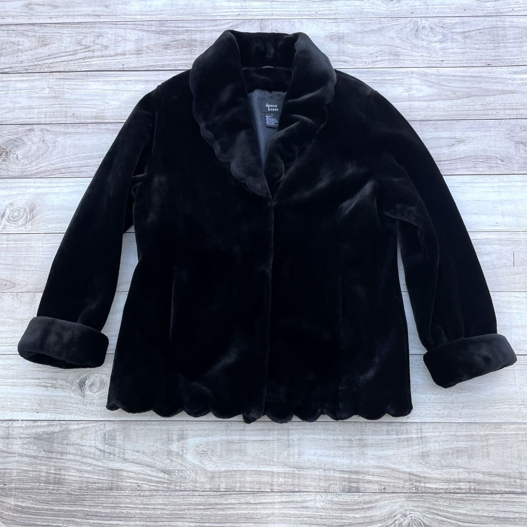 Vintage Dennis Basso Black Faux Fur Overcoat Women’s Large Mid-Length Collared Scalloped Fur Trim Coat Size L / US 10 / IT 46 - 2 Thumbnail
