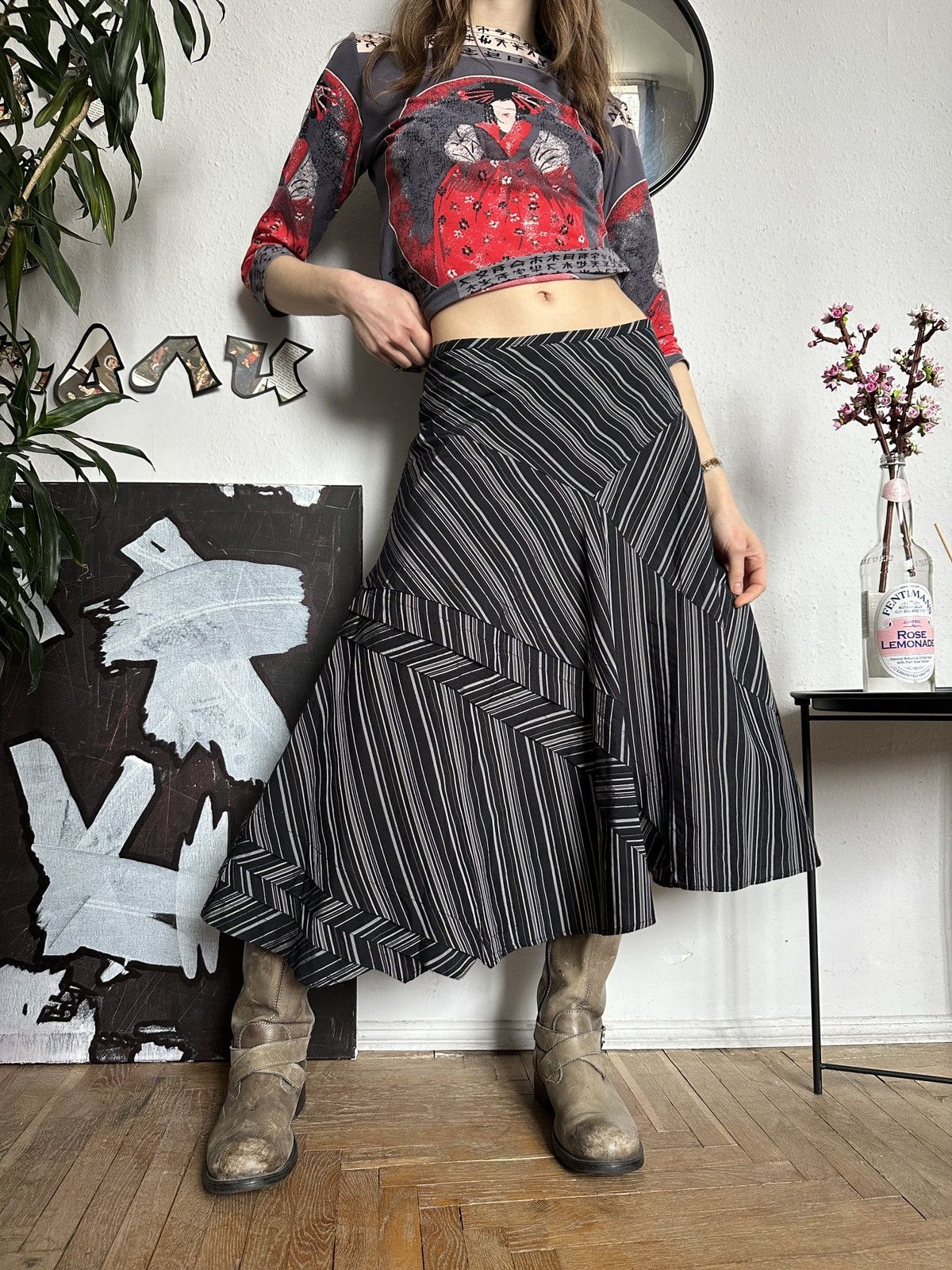 Vintage Asymmetrical Striped Office Core Deconstructed Midi Skirt Size 28" / US 6 / IT 42 - 5 Thumbnail