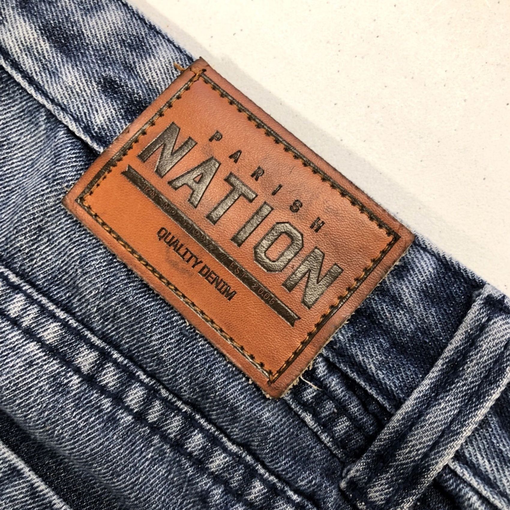Denime Parish Nation Jeans Mens Size 36x30.5 Denim Distressed Patches Jeans Straight 5-Pocket 34 Tag Blue 100% Cotton Regular Size US 34 / EU 50 - 7 Thumbnail