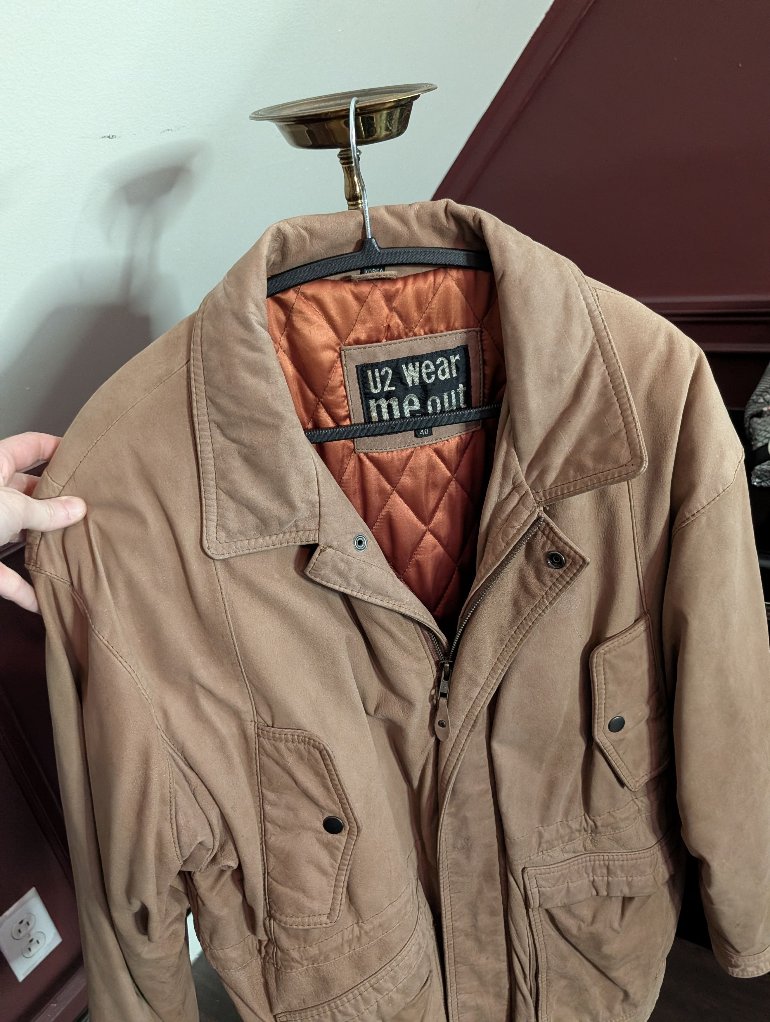 Vintage U2 Wear Me Out brown wool lined zip-up leather moto jacket Size US L / EU 52-54 / 3 - 2 Thumbnail