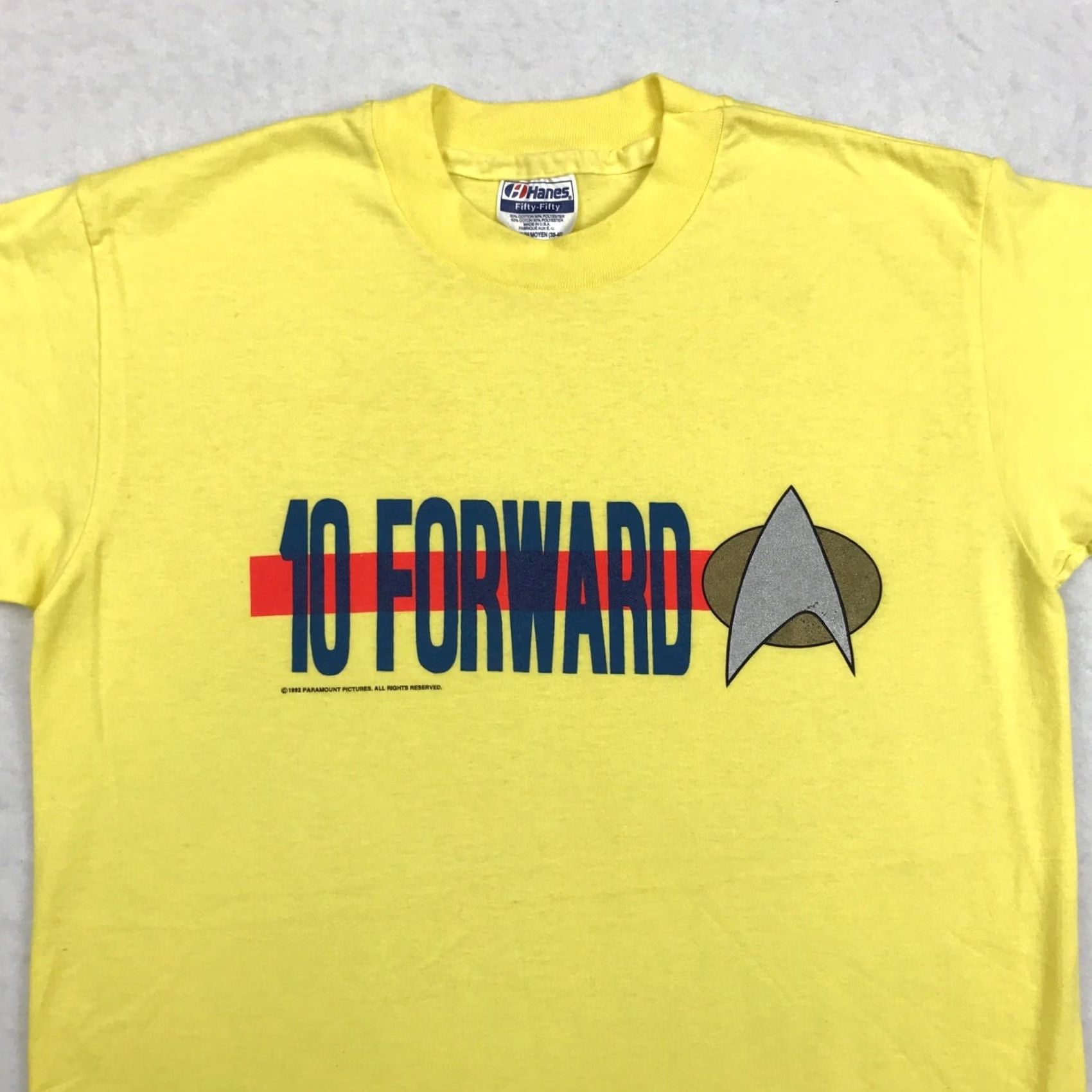 Hanes VINTAGE STAR TREK TEN FORWARD T-Shirt Mens Small Yellow 90s 80s Hanes Cotton Blend Holiday? Size US S / EU 44-46 / 1 - 3 Thumbnail