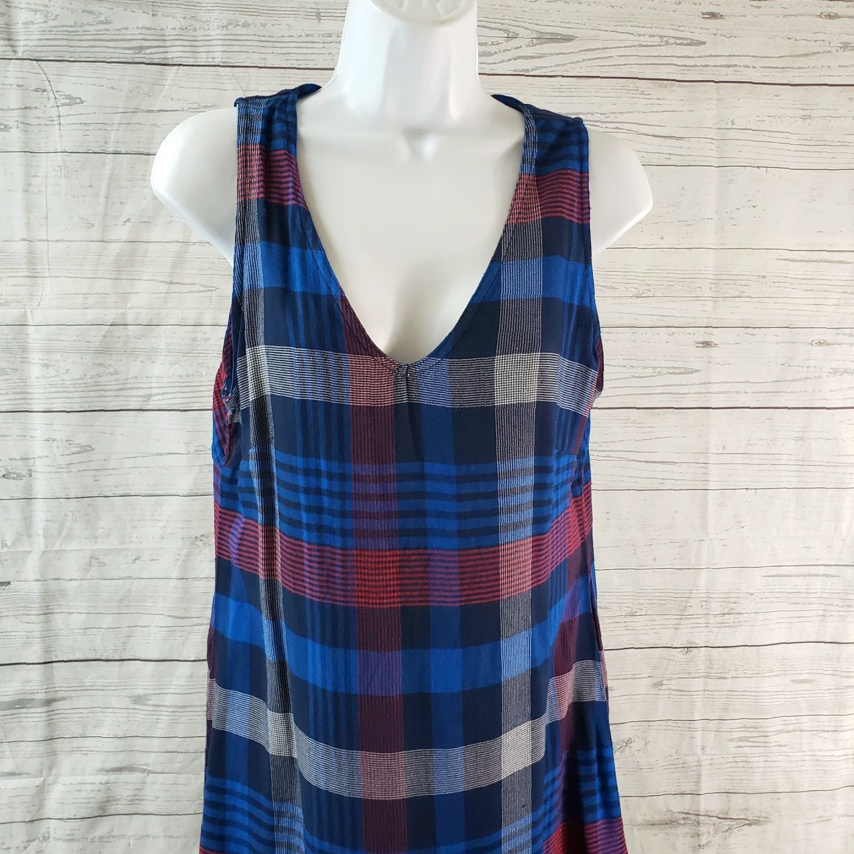 KAVU Kavu Womens Dress S Plaid Blue Red Sleeveless V-Neck Rayon Knee Length A-Line Womens Size S / US 4 / IT 40 - 2 Thumbnail