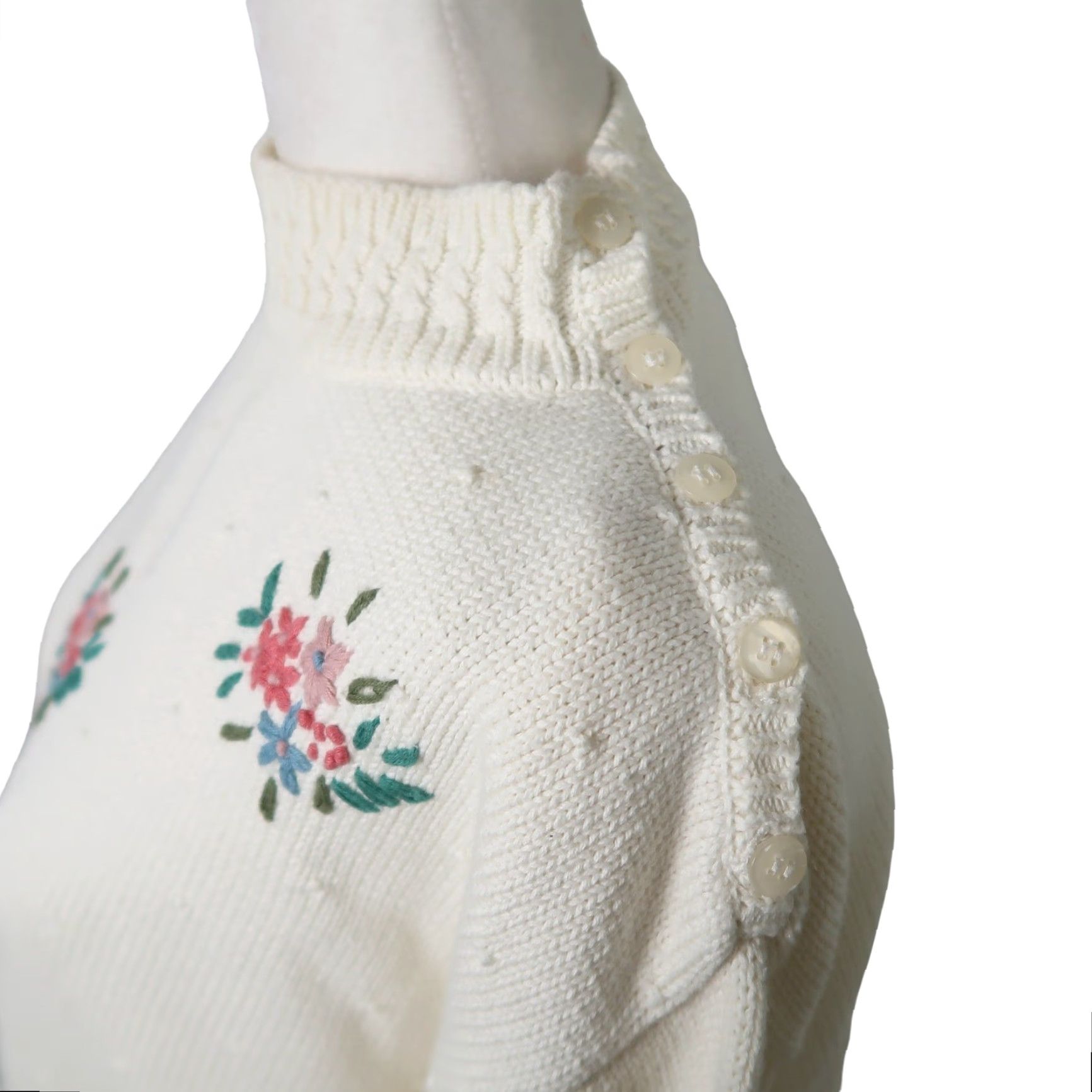 Vintage VINTAGE 80s Cream Cotton Knit Embroidered Mockneck Sweater L Women Floral 90s Pullover Size L / US 10 / IT 46 - 3 Thumbnail