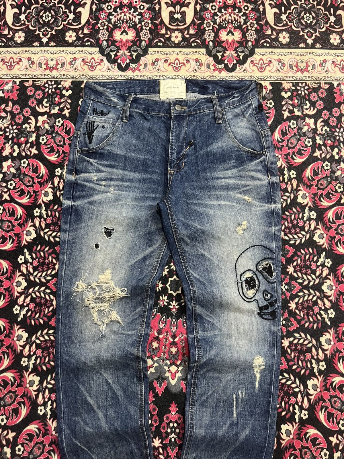 Hysteric Glamour Vintage Lolita “Doodles Skull” Distressed Blue Washed Jeans Size US 32 / EU 48 - 3 Thumbnail