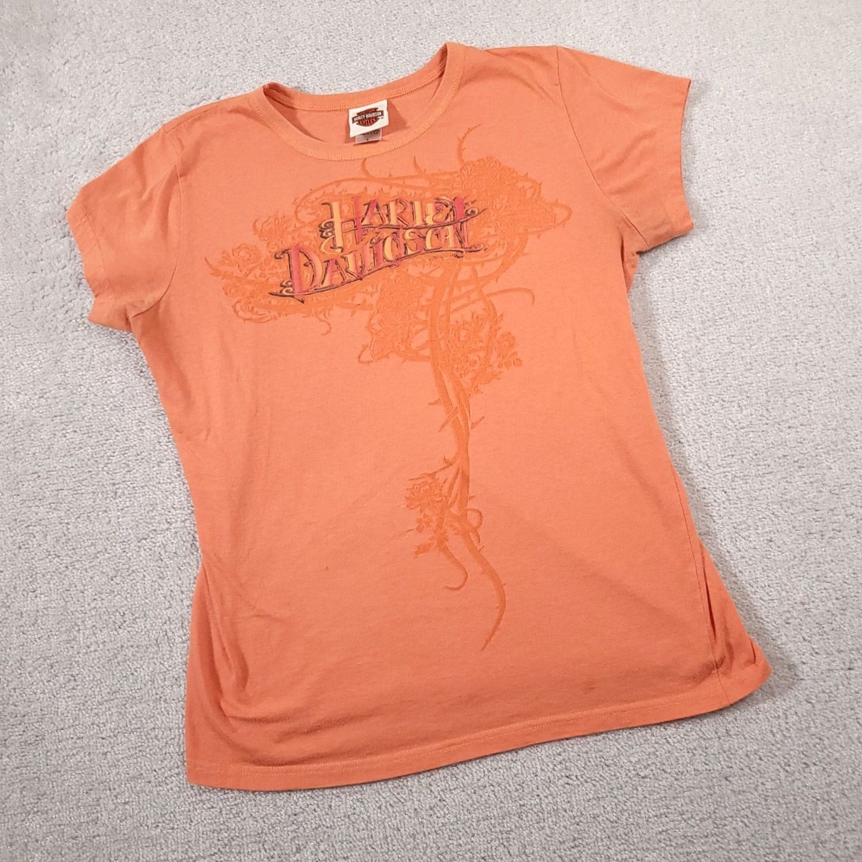 Harley Davidson Harley-Davidson Shirt Women's Large Orange Motorcycle Short Sleeve Grunge USA Shirt T-Shirt 80s 90s Biker Mens Womens Girls Size L / US 10 / IT 46 - 2 Thumbnail