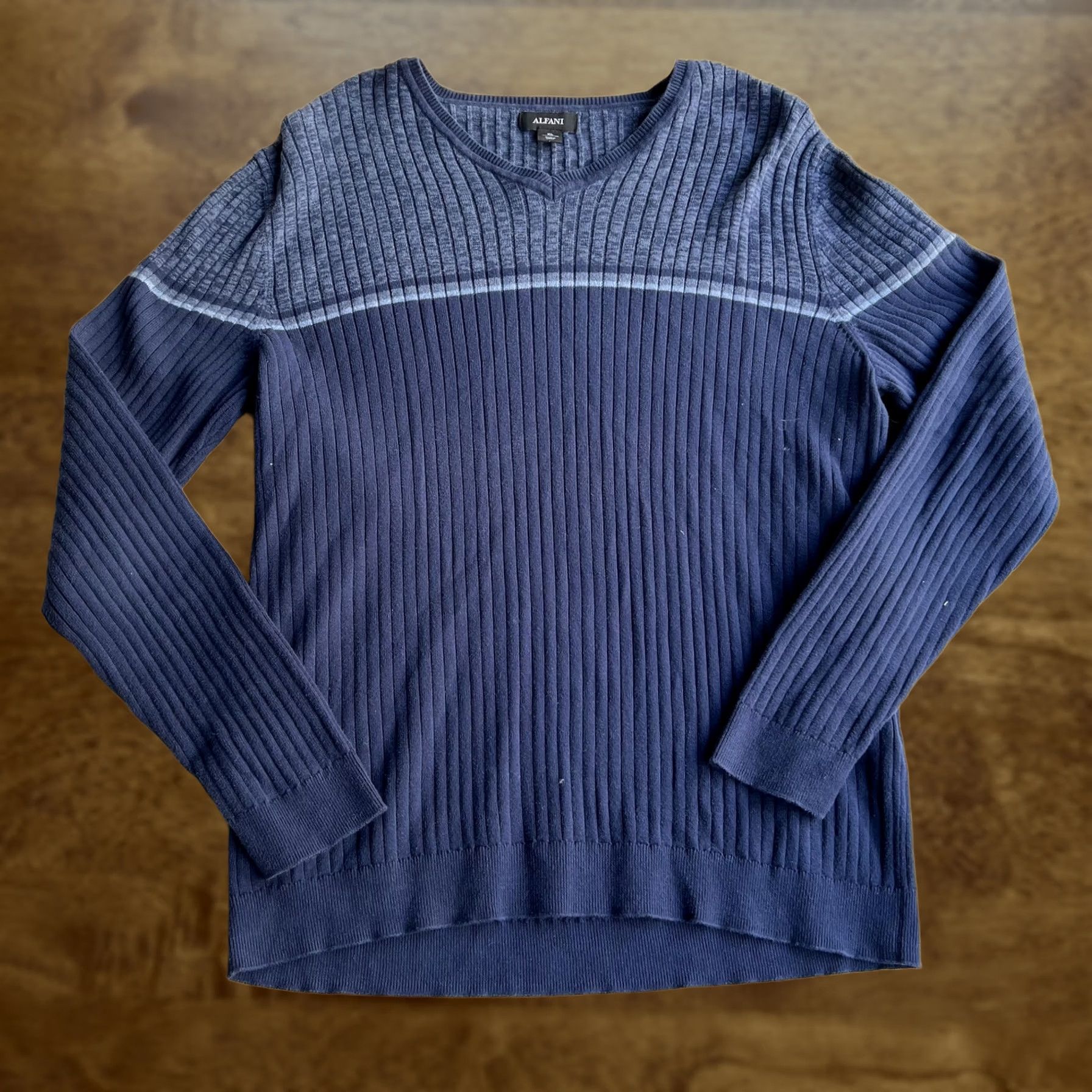 Alfani Alfani Sweater Mens XL Blue Striped V Neck 100% Cotton Ribbed Knit Pullover Size US XL / EU 56 / 4 - 1 Thumbnail