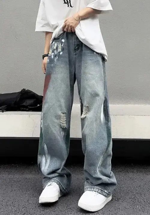 Japanese Brand × Jean Stylish Splash Ink Blue Distressed Baggy Jeans Size US 27 - 1 Thumbnail