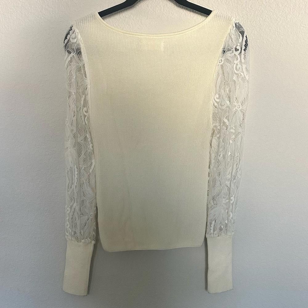 Designer Anthropologie Lace Balloon Sleeve Ribbed Sweater Ivory XS Size XS / US 0-2 / IT 36-38 - 7 Thumbnail