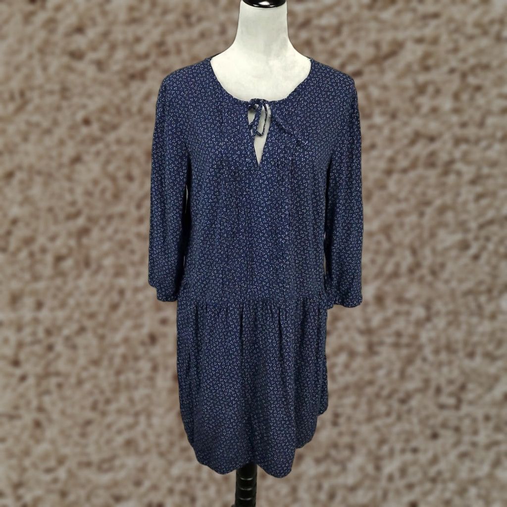 Old Navy Womens Dress L Navy Blue Ditsy Speckled Keyhole V Neck Pleated Tie Bohemian Classic Colorful Old Navy Size L / US 10 / IT 46 - 1 Thumbnail
