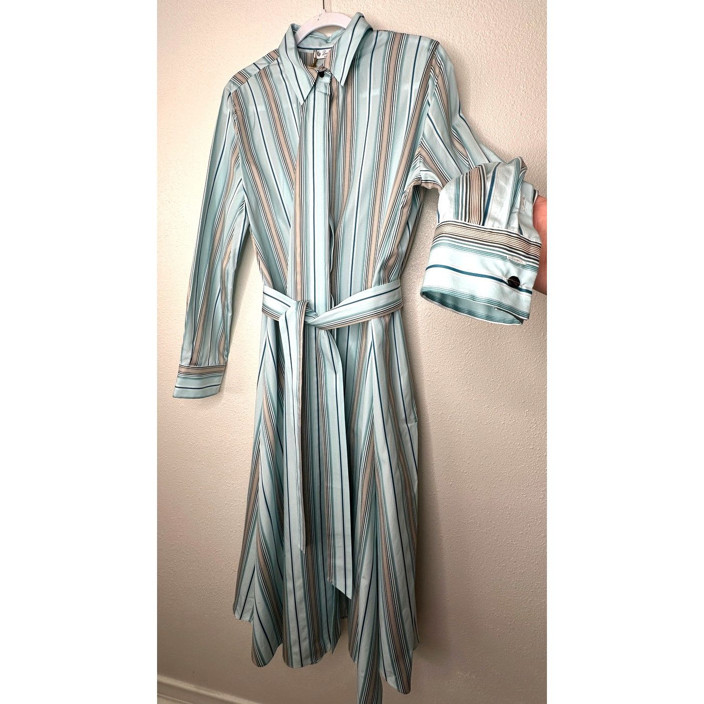 Loro Piana NWT Loro Piana Teal White Stripe Button Tie Sash Wrap Dress Size XL / US 12-14 / IT 48-50 - 16 Thumbnail