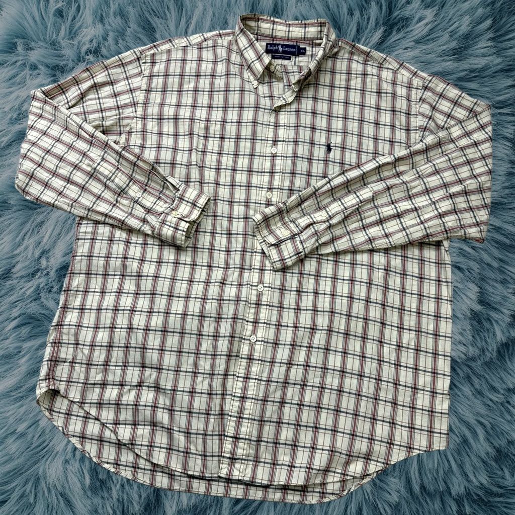 Ralph Lauren Button Down Shirt Men 1XL Cream Red Plaid Long Sleeve Cotton 90s Classic in White, Men's