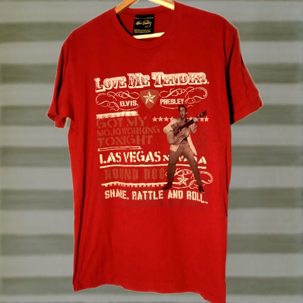 Vintage Elvis Presley Shirt M Red Love Me Tender Las Vegas Shake Rattle And Roll Mens T-Shirt Crew Neck Short Sleeve Cotton Knit Graphic 60s 70s Rock N Roll Size US M / EU 48-50 / 2 - 1 Thumbnail