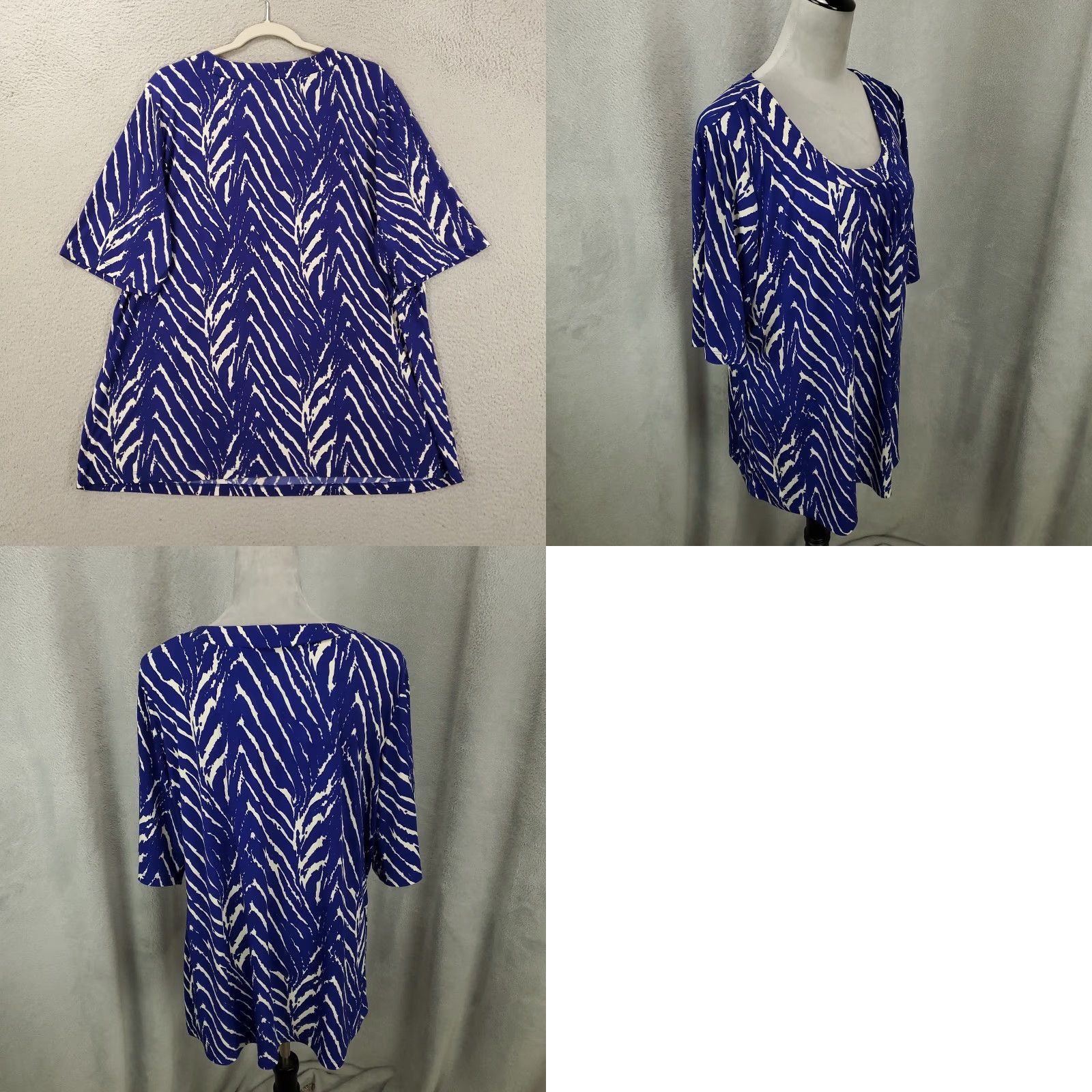 Vintage Susan Graver Blouse Womens XL Blue White Geometric Stretchy Top Pullover Casual Party/Cocktail Travel Knit Polyester Spandex Size XL / US 12-14 / IT 48-50 - 8 Thumbnail